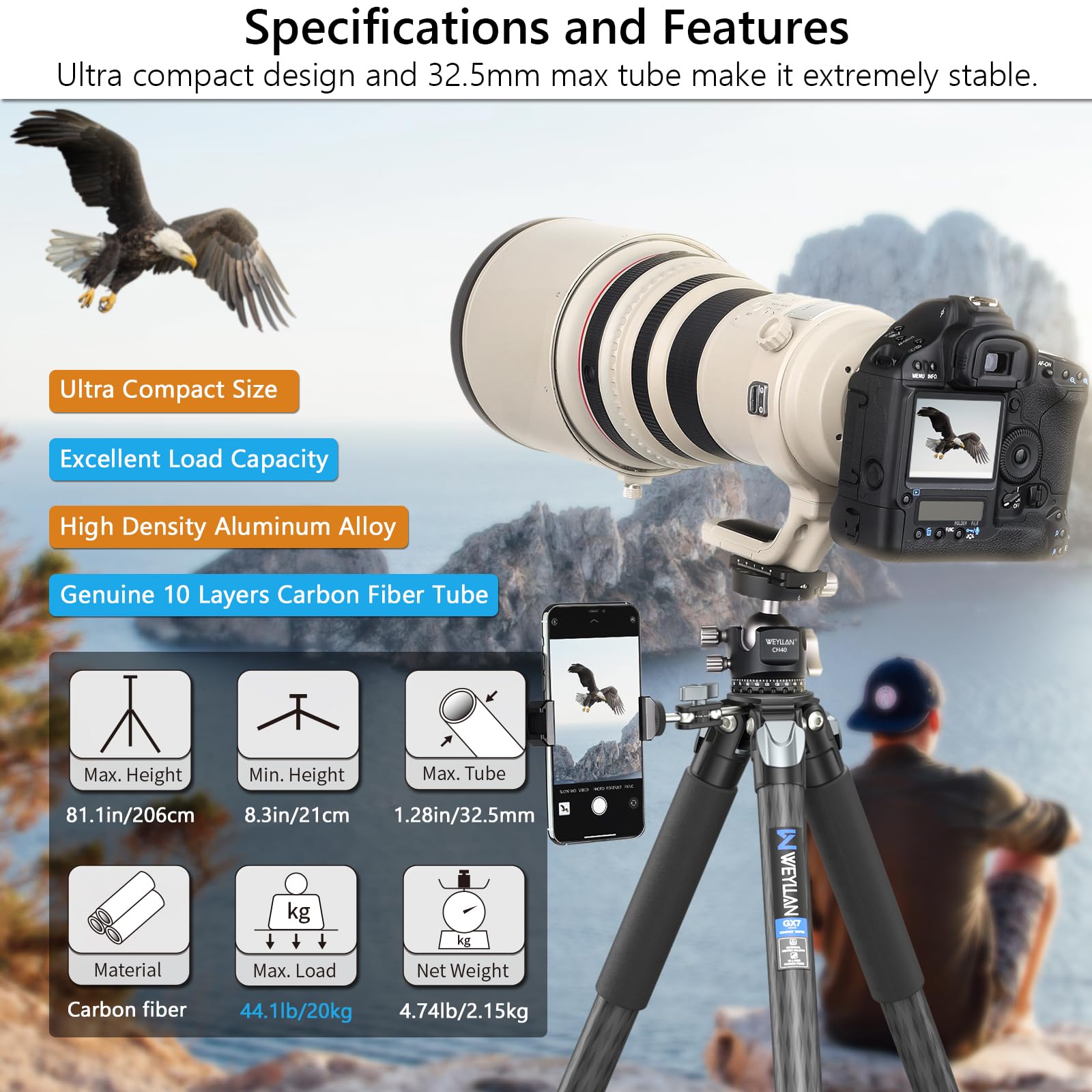 Carbon Fiber Heavy Duty Tripod Artcise 81'' Professional Tripod For Camera, 10 Layer Carbon Fibre Tube, 32.5Mm Leg With Low Profile Tripod Ball Head For Canon Nikon Sony, Dslr Slr Digital Camcorder