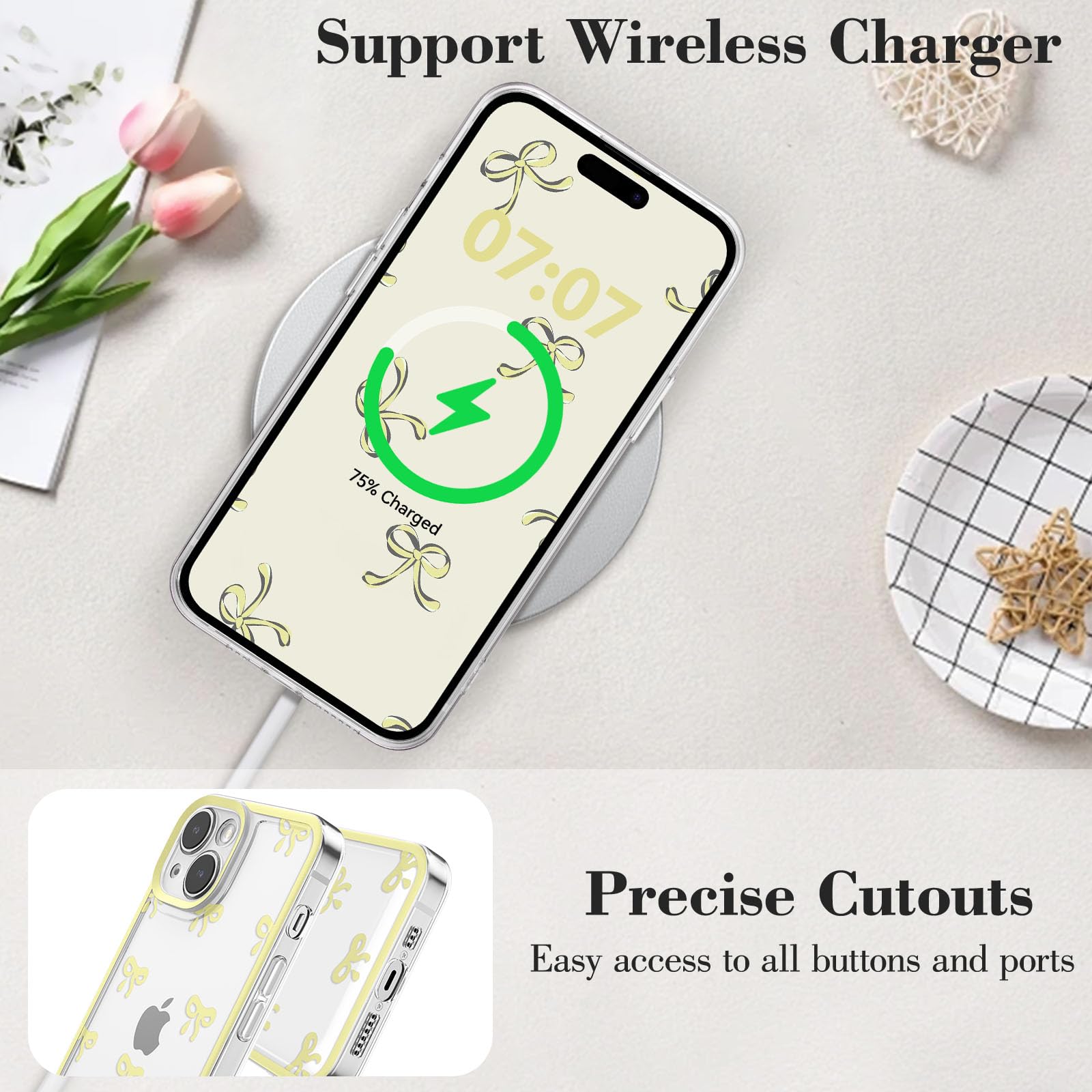 Eyzutak Case For Iphone 14 Plus, Clear Cute Ribbon Bowknot Pattern Aesthetic Transparent Phone Case Raised Camera Protection Sty
