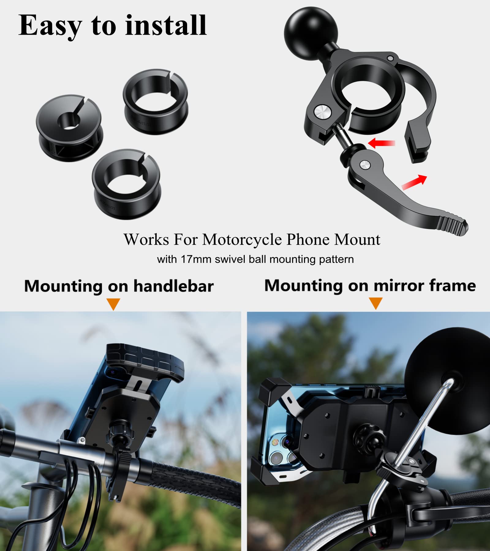 Brcovan Aluminum Alloy Handlebar Clamp Mount Base With 17Mm Tpu Ball For Rails Diameter 0.5''/0.87''/1'' 1.125''/1.26'', Tool Free Installation