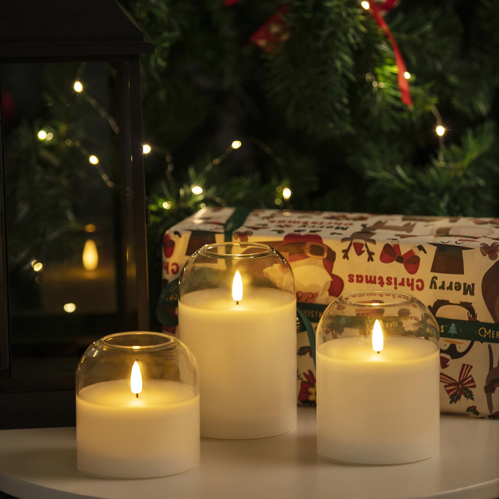 Volnyus White Glass Flameless Candles Set Of 3 (F 4'' H 4'' 5'' 6'') With Remote Battery Operated Flickering Led Pillar Candles