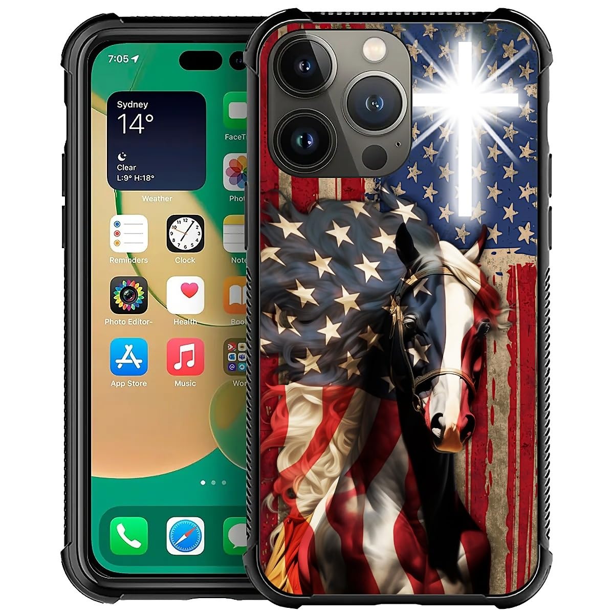 Fkbrcl4U For Iphone 13 Pro Max Case, Red American Flag Horse Cross Pattern Graphic Design Girl Boy Soft Silicone Hard Acrylic Sh