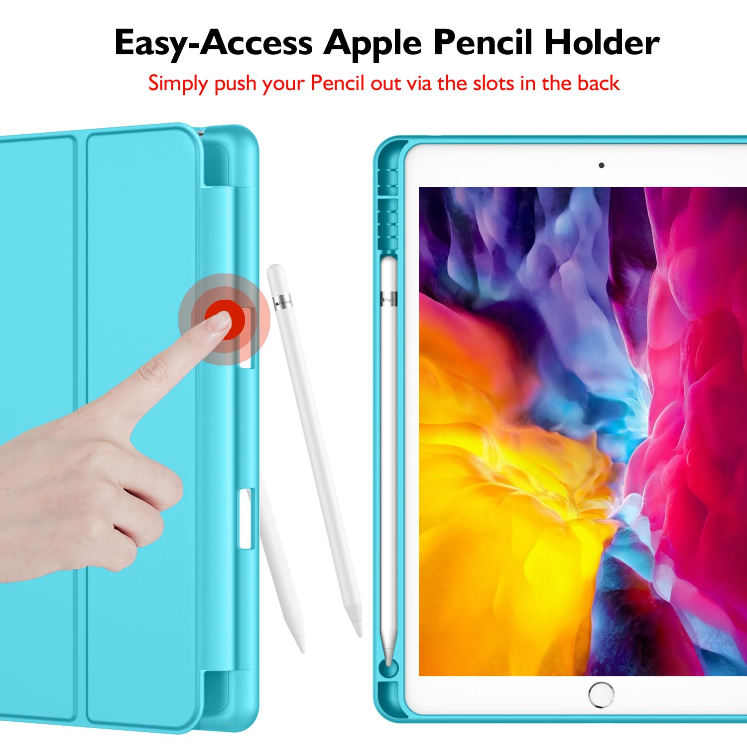 Imieet Ipad 9Th Generation Case 2021/Ipad 8Th Generation Case 2020 10.2 Inch With Pencil Holder, Ipad 7Th Gen 2019 Case With Soft Baby Skin Silicone Back, Auto Wake/Sleep Cover (Cyan)