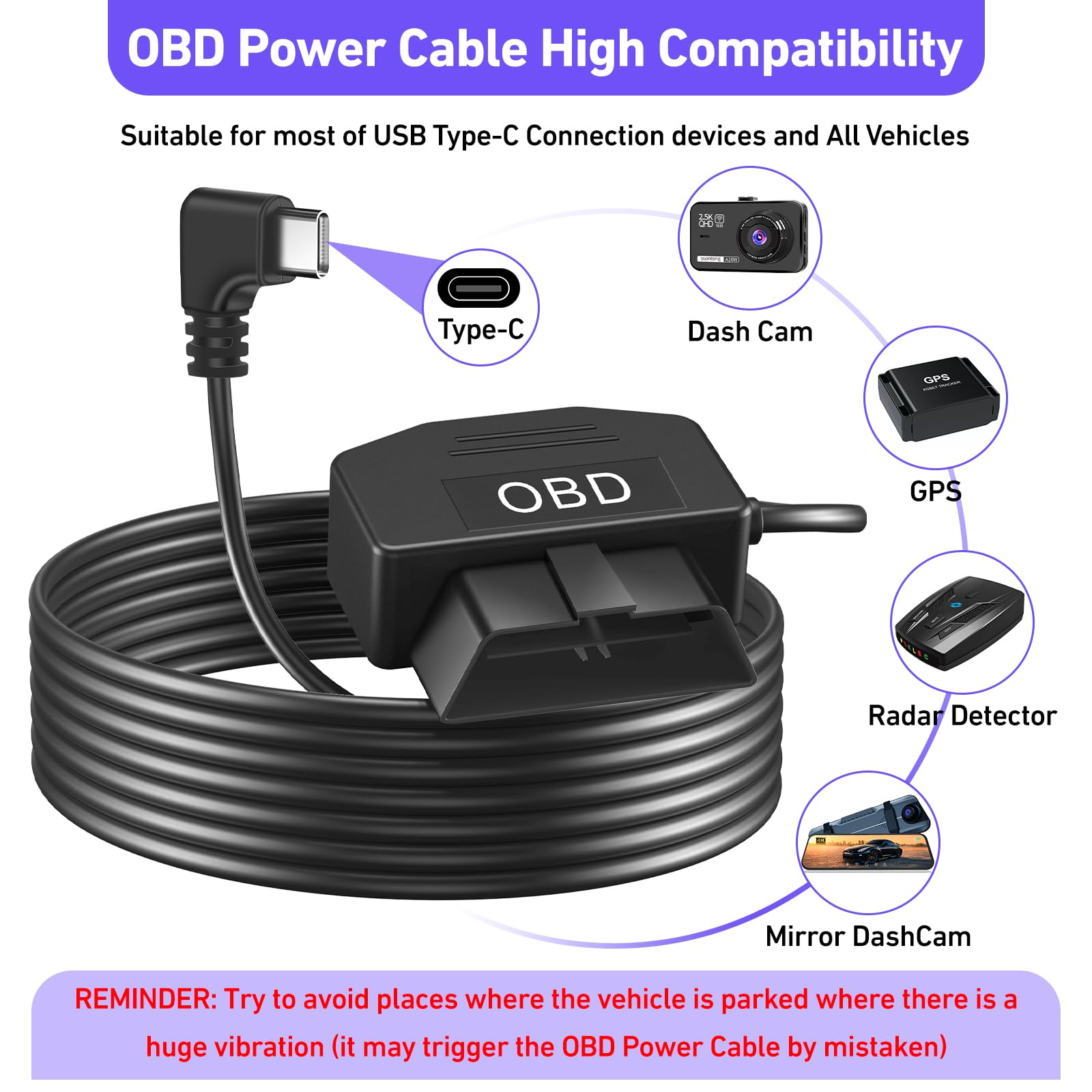 Obd2 Obd Power Cable For Dash Camera, Obd To Type C Usb Obdii Adapter Hardwire Charger Cable 24 Hours Surveillance And Acc Two M