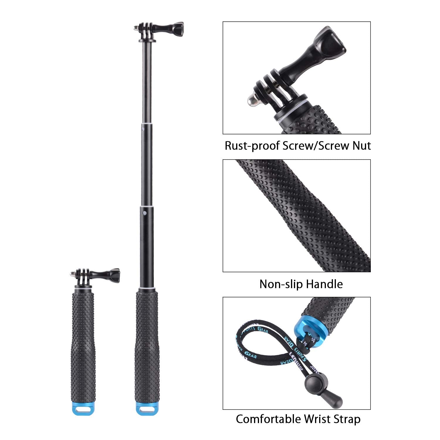 Vicdozia 19'' Extension Selfie Stick, Portable Hand Grip Waterproof Handheld Monopod Adjustable Pole Compatible With Gopro Hero 12 11 10 9 8 7 6 5 Akaso Sjcam Dji Osmo And More Sports Cameras