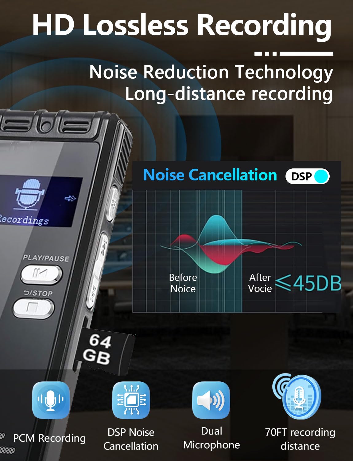 64Gb Digital Voice Activated Recorder With Playback   4552 Hours Audio Recording Device, 3072Kbps Hd Dual Mic Tape Recorder Devi