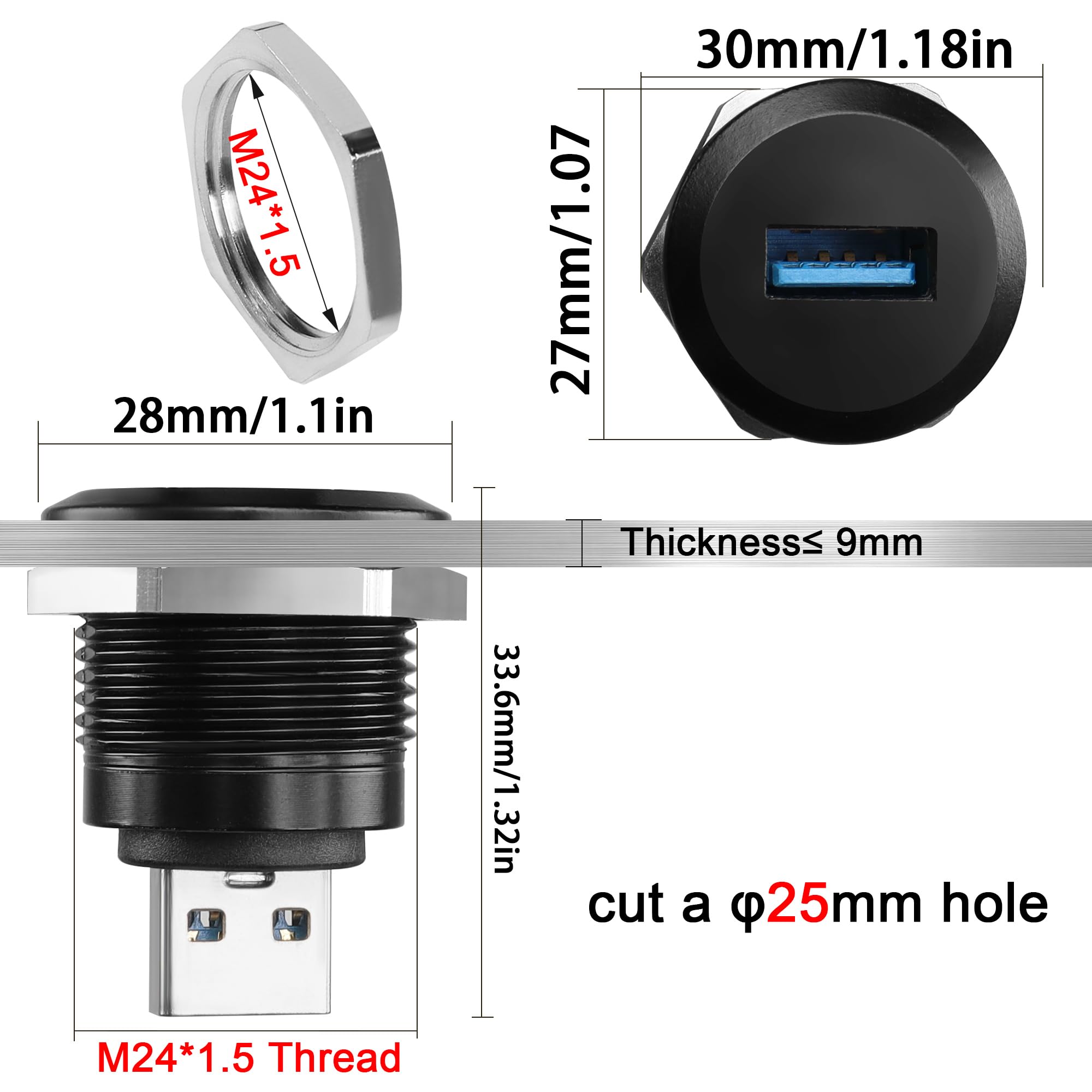 Qianrenon Usb3.0 Male To Female Threaded Fixing Adapter 5Gbps Usb3.0 Plug To Socket Round Waterproof Converter Usb3.0 Data Connector Mount Socket, For Usb Data Transfer/Charging