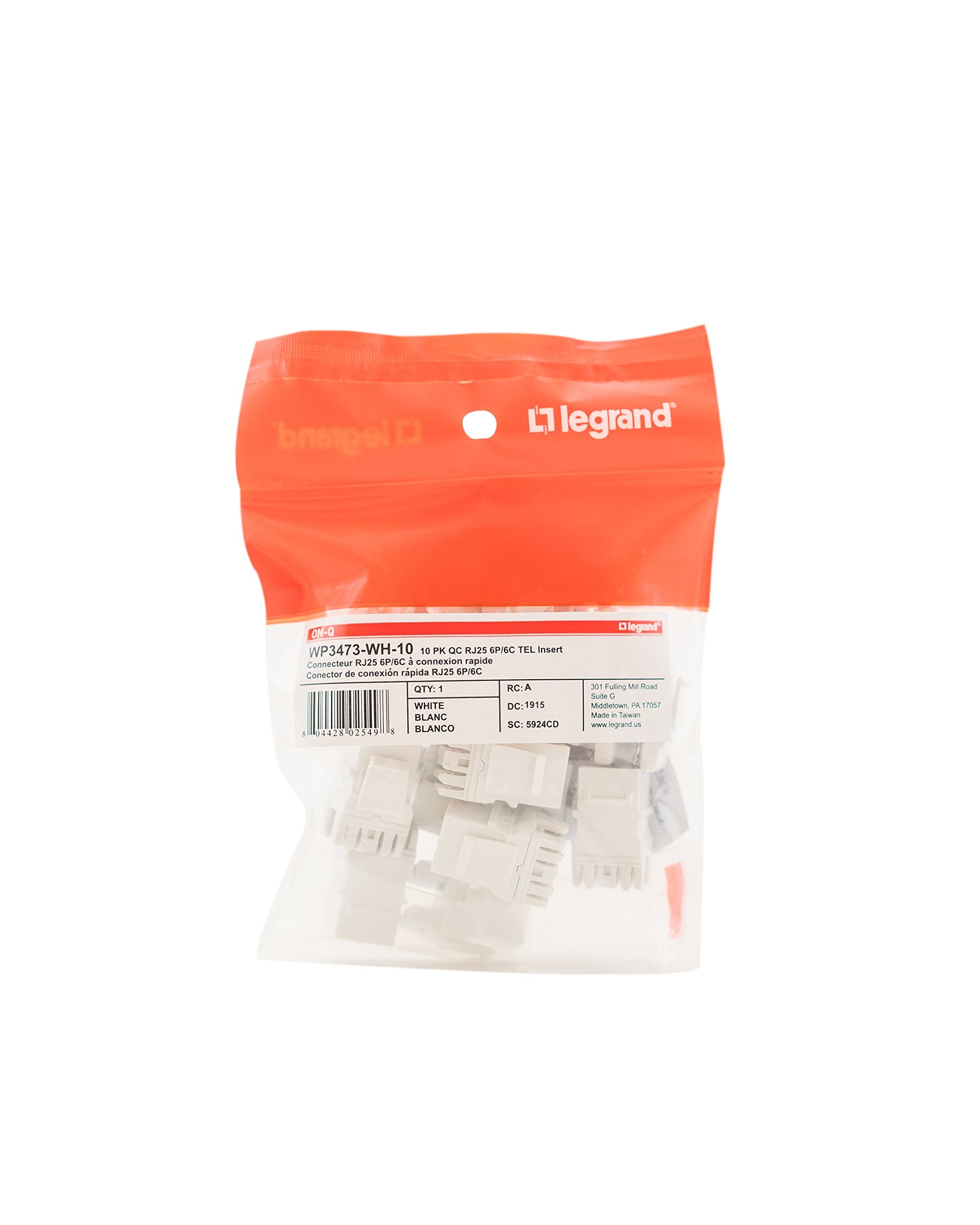 Legrand   Onq Telephone Keystone Jack Rj45, 6P6C Insert, Quickconnect Universal Keystone Connector For Phone Connections, Rear M