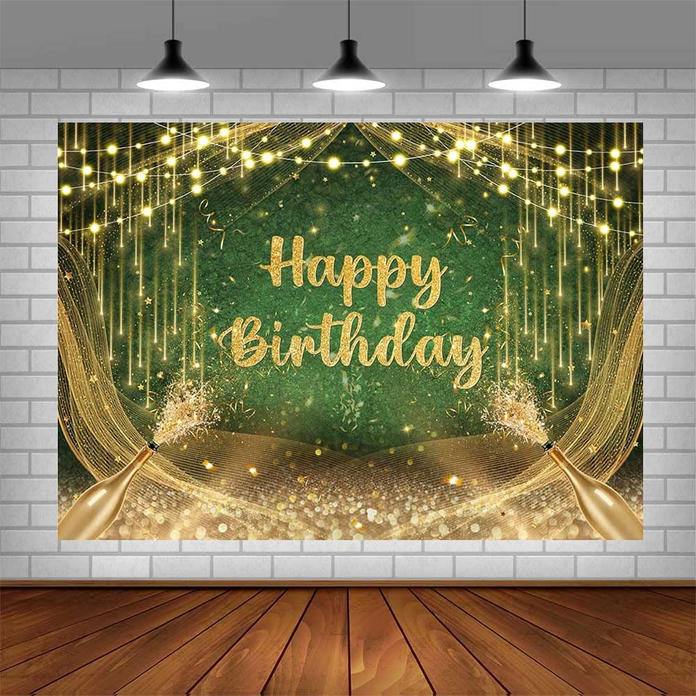 Aibiin 7X5Ft Green Gold Birthday Backdrop Happy Birthday Photography Background Gold Glitter Birthday Prom Party Decorations Ban
