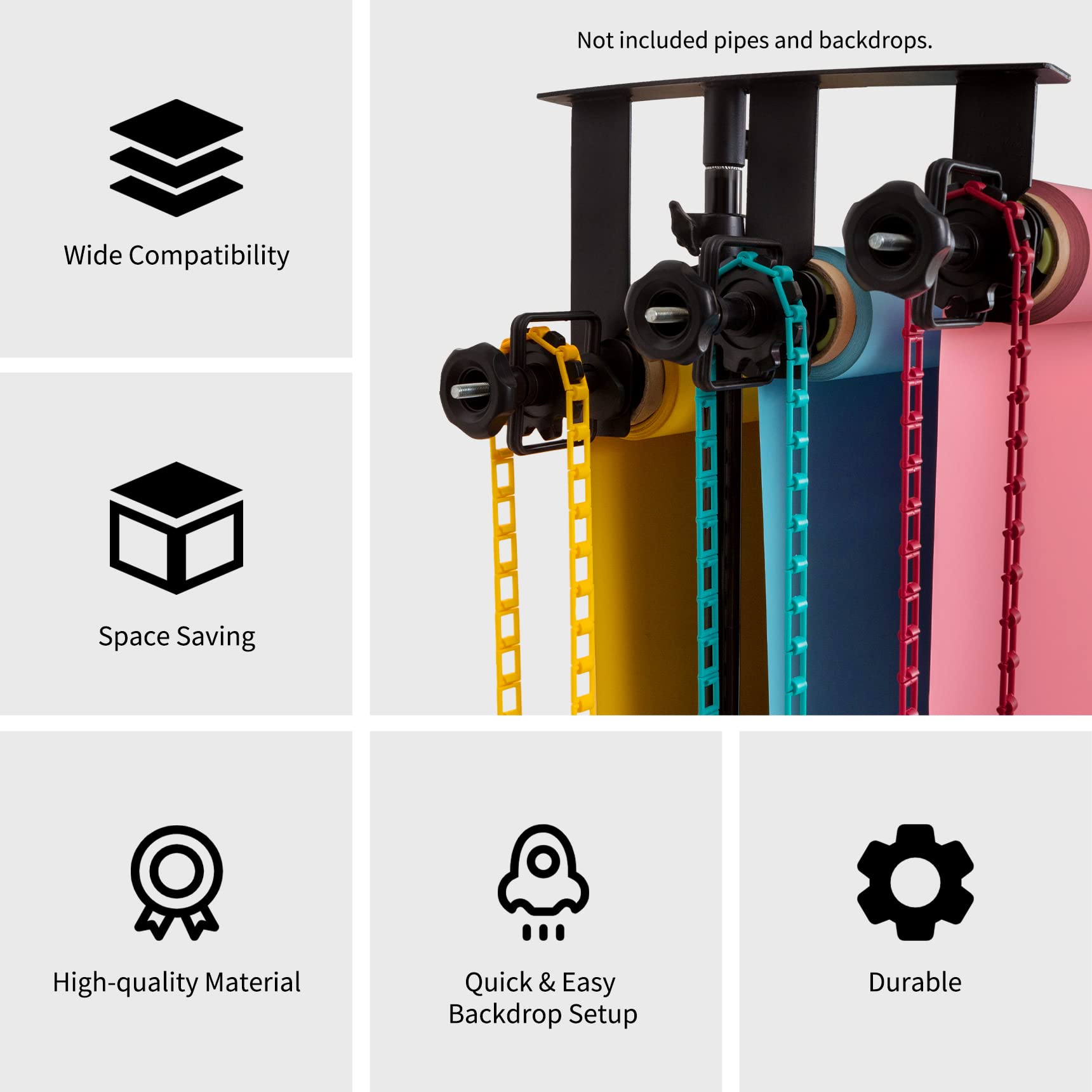 Meking Photography 3 Roller Backdrop Wall Mount, Manual Background Roller Support System With 2 Tri Fold Hooks, 6 Expand Bars An