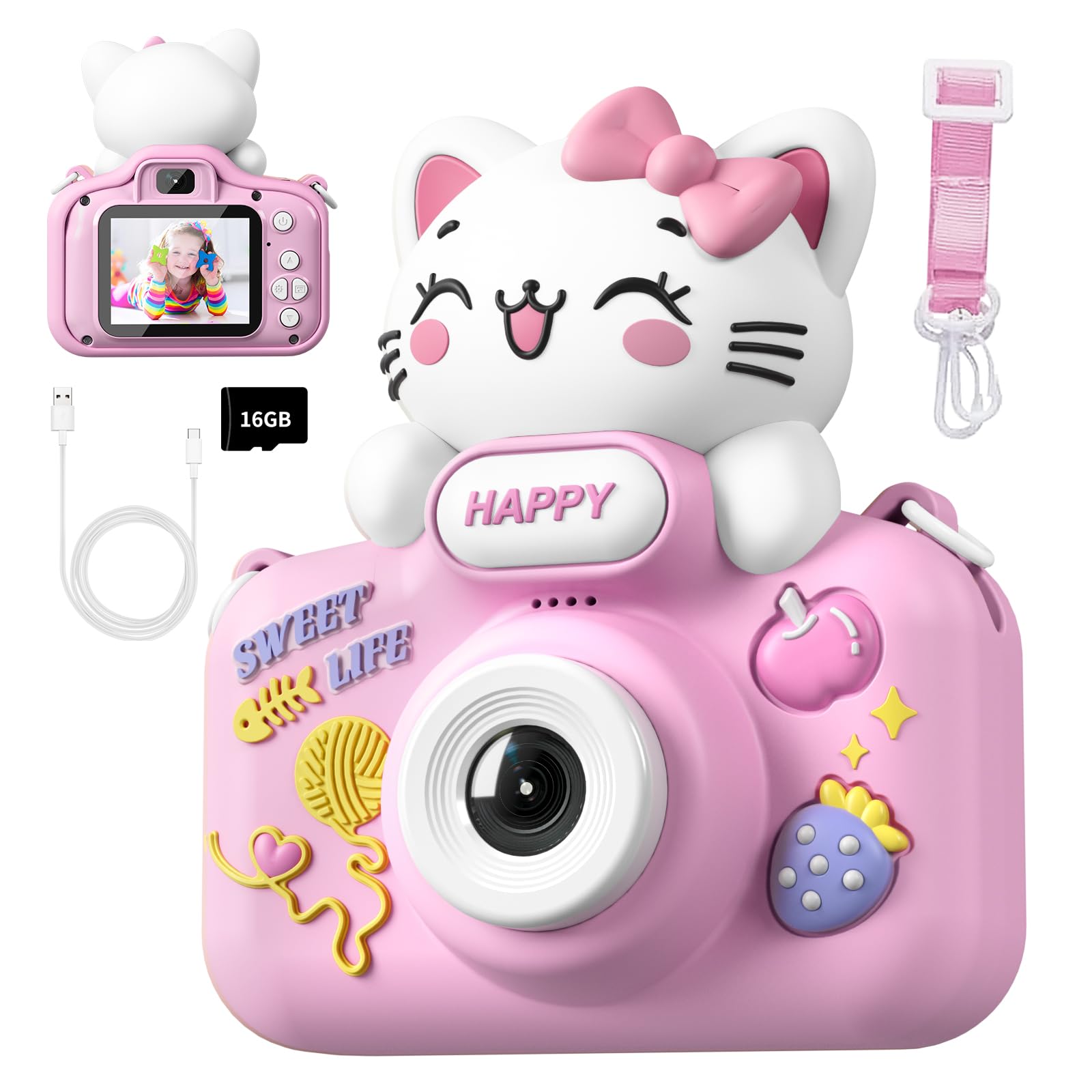 UIKICON Kids Camera for Girls Age 3-12, 1080P Dual Lens Selfie Camera with 16GB Card, Pink Toy with Cute Case, Christmas or Birt