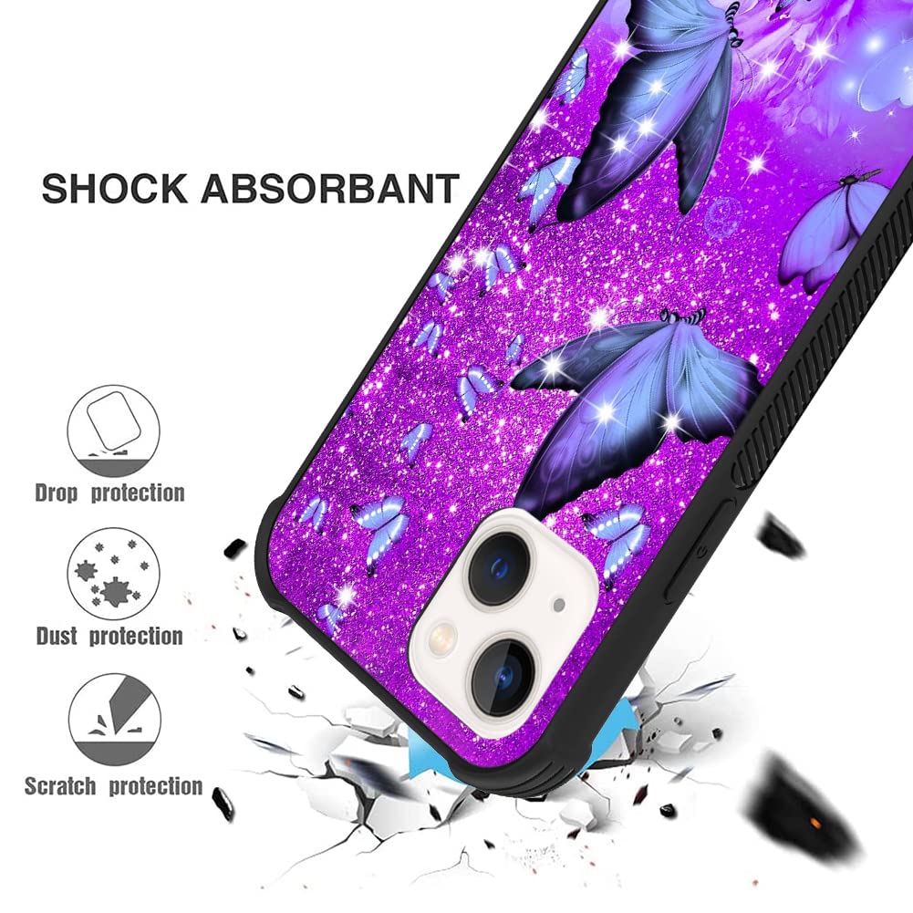 Ziye Designed For Iphone 13 Case Purple Butterfly Hard Lanyard Case With Phone Ring Holder,Full Body Protection Shockproof Drop