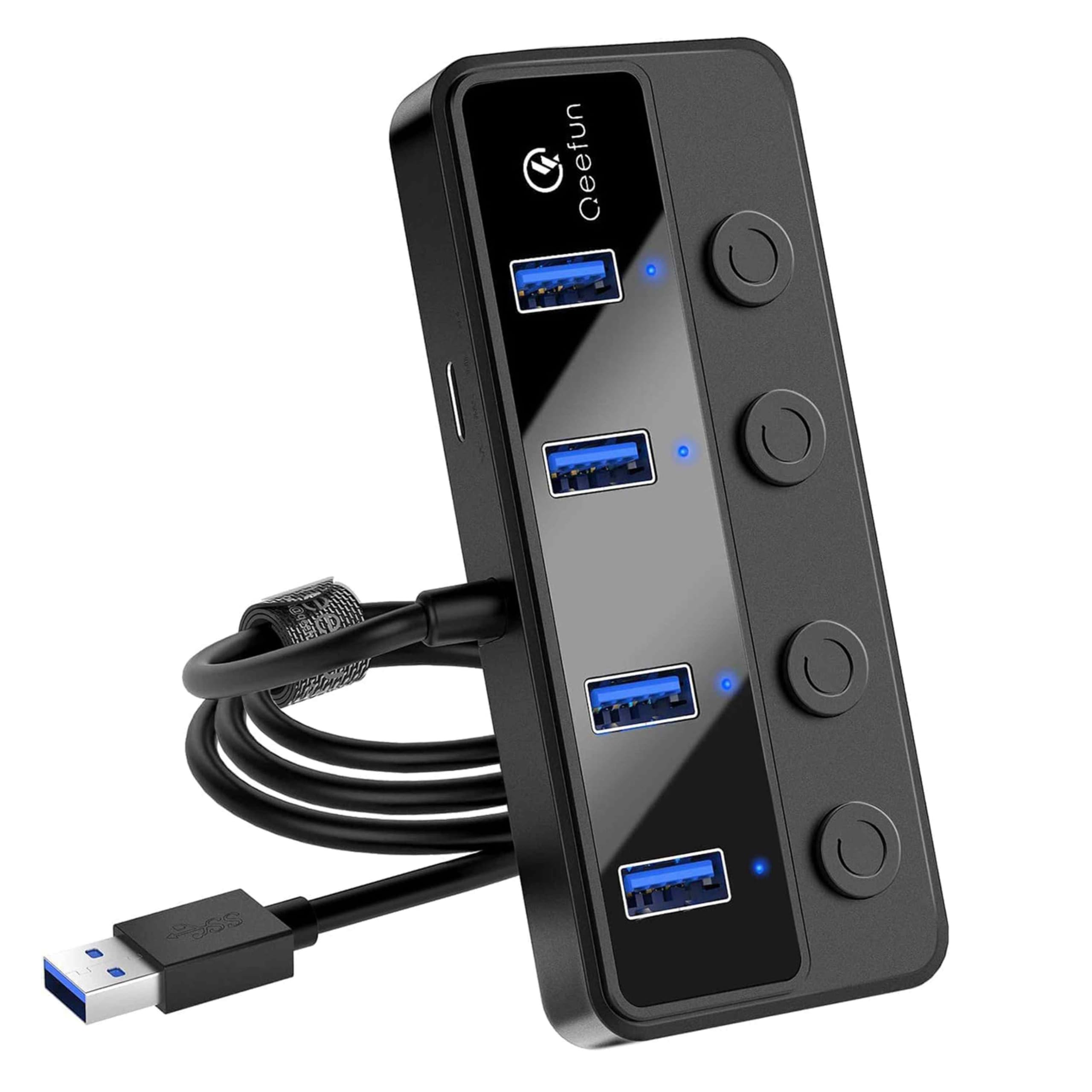 Qeefun 4 Port Usb Hub 3.0, Individual Led Power Switches Usb Extension 2Ft Usb Extender 5V/3A Usb Adapter For Laptop, Pc, Usb Fl