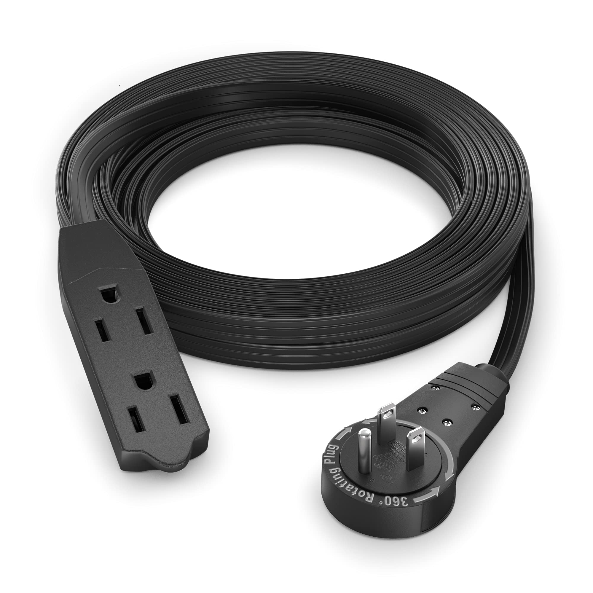 Maximm Cable 12 Ft 360 Rotating Flat Plug Extension Cord/Wire, 16/3 Awg Multi 3 Outlet 3-Prong Grounded Wire- Black - Ul Certifi