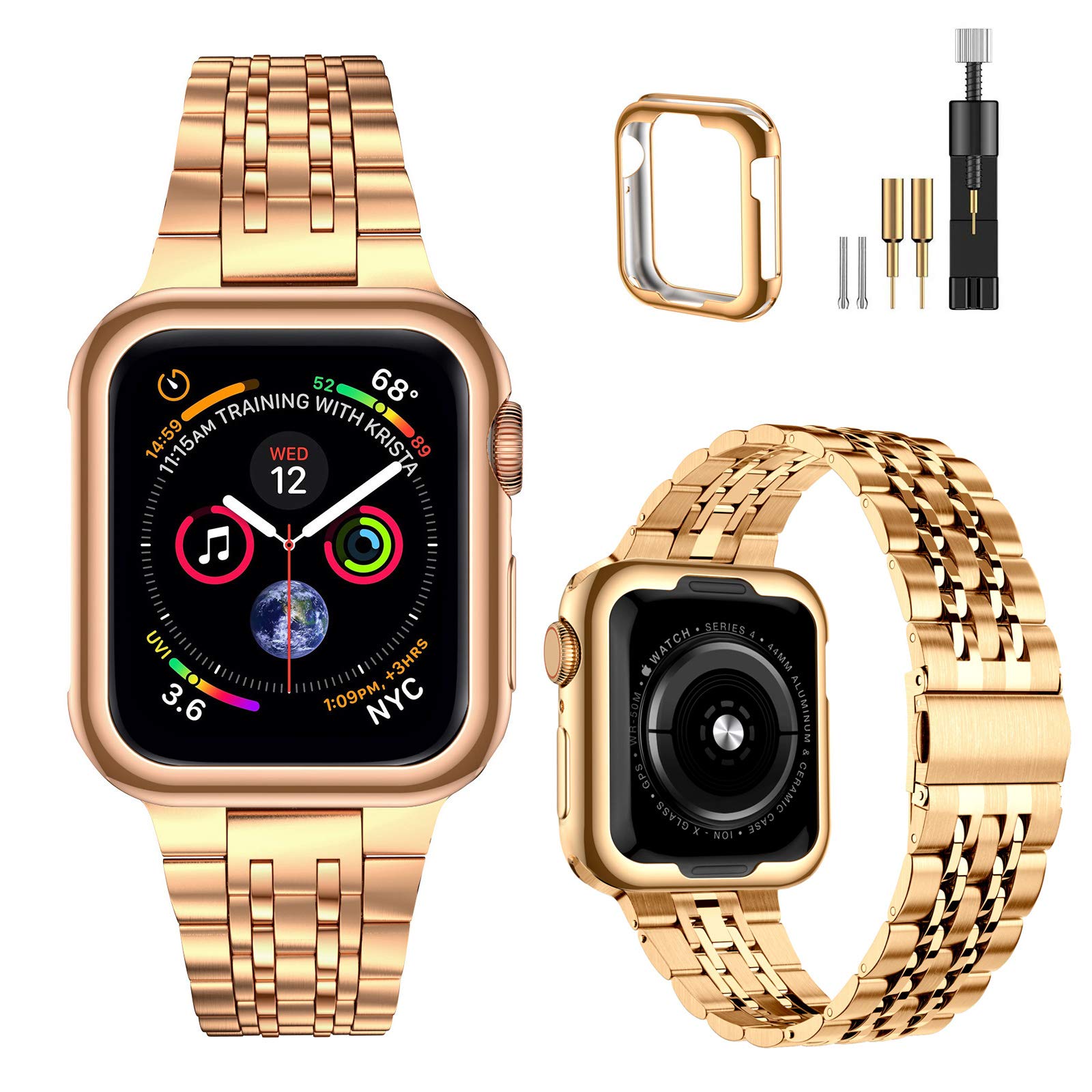 Miohhr Compatible With Apple Watch Band 45Mm, Solid Stainless Steel Metal Strap For Iwatch Series 9 8 7 (Rose Gold,45 Mm)