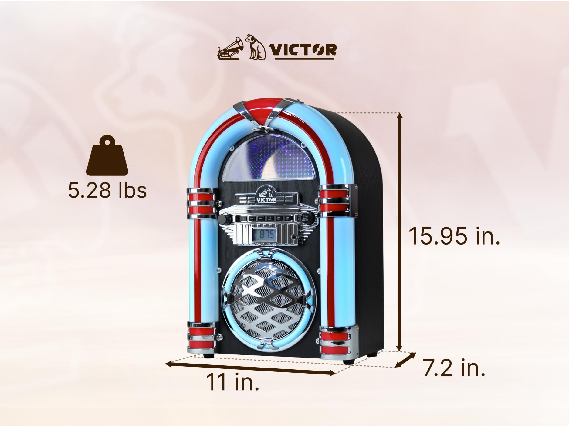Victor Wilshire Desktop Bluetooth Jukebox With Fm Radio, Built-In Stereo Speaker And Multicolor Led Lighting, Mahogany (Vdtj-145