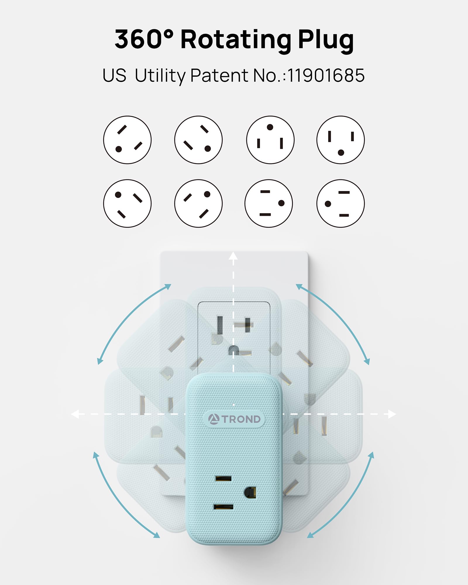 Trond Outlet Extender With Usb, Multi Plug Wall Outlet With 3 Ac Chargers, 360 Rotating Plug Adapter With Pd 20W Usb C Port, Cut