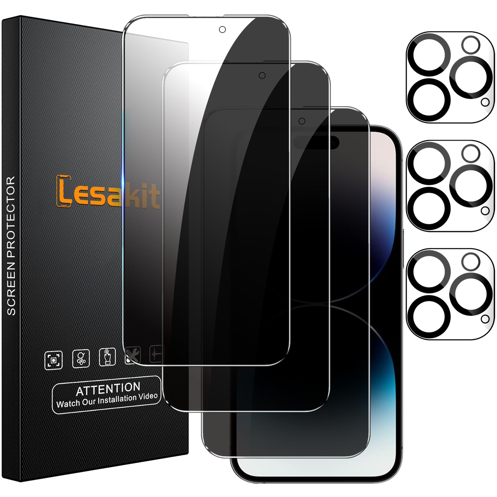Lesakit 3+3 Pack Privacy Screen Protector For Iphone 14 Pro 6.1 Inch With 3 Pack Camera Lens Protector, Anti Spy Tempered Glass