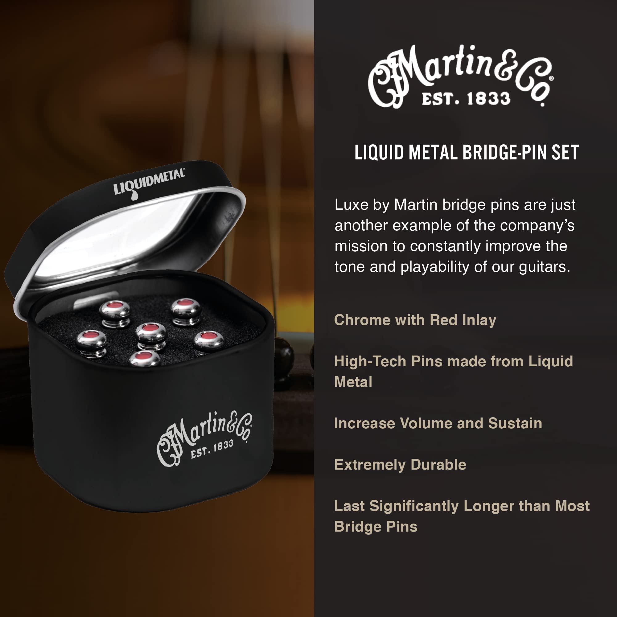 Martin Guitar Luxe By Martin Acoustic Guitar Bridge Pins, Acoustic Guitar Bridge-Pin Set, Chrome With Red Inlay, 6 Pins Per Pack