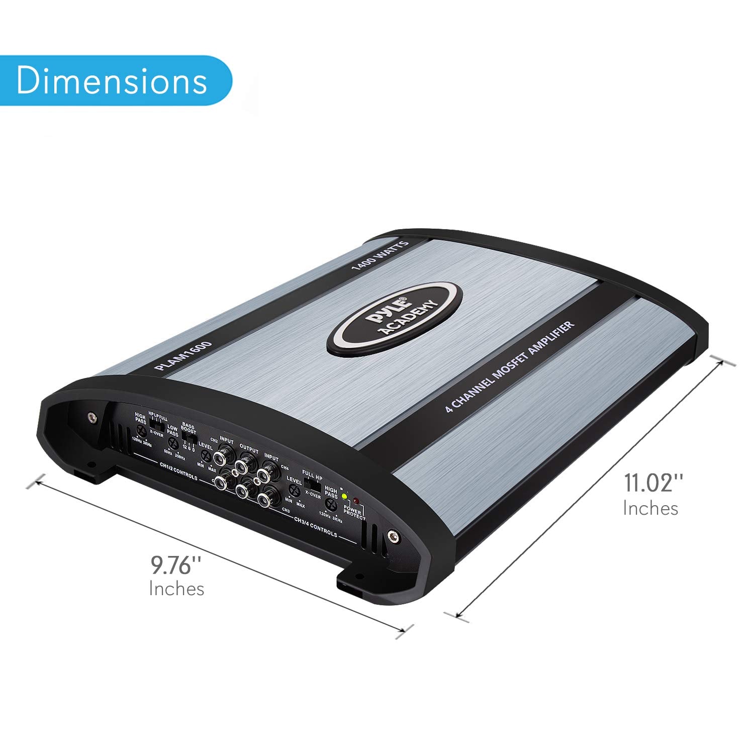 Pyle 4 Channel Car Stereo Amplifier   1600W Bridgeable High Power Mosfet Audio Sound Auto Small Speaker Amp Box W/ Crossover, Ba