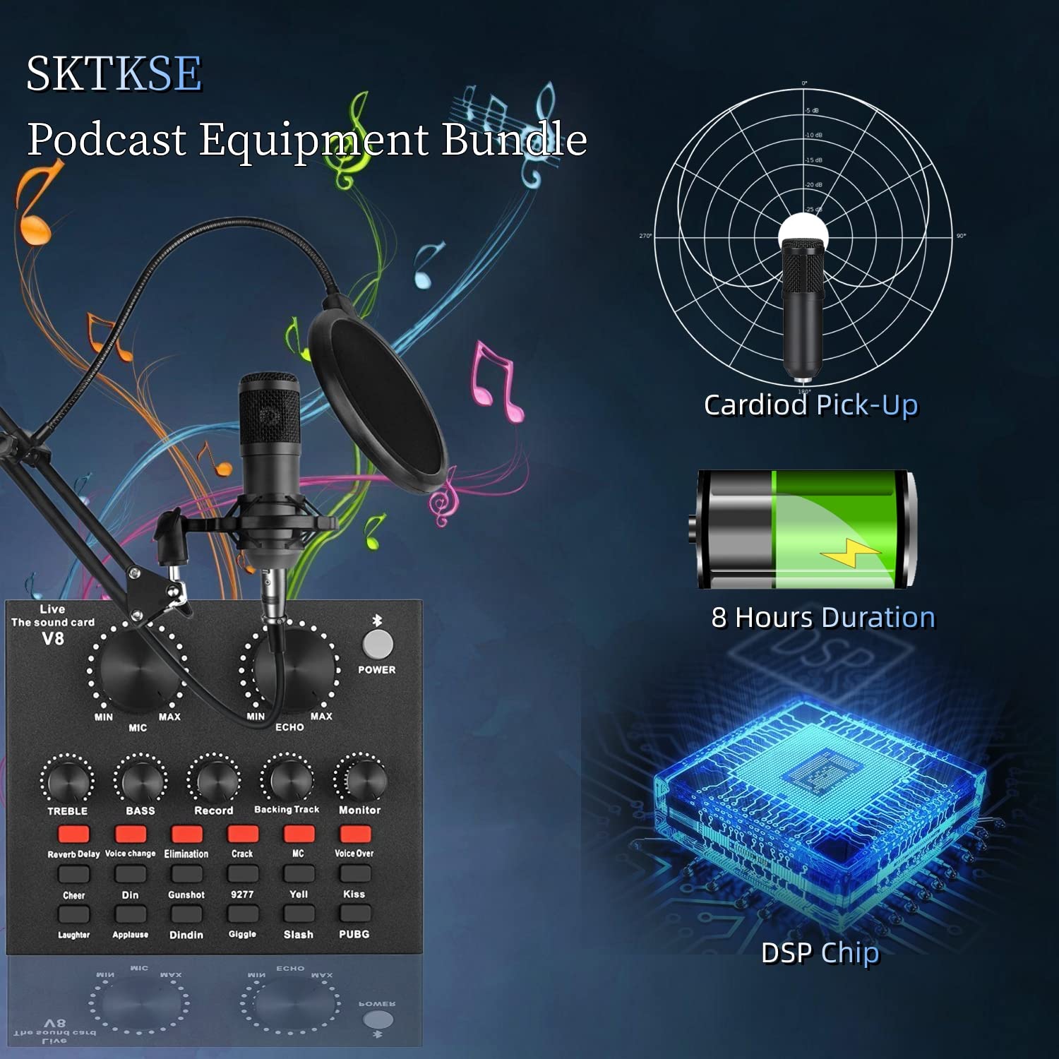 SKTEET Podcast Equipment Bundle with BM800 Mic & V8 Sound Card, Voice Changer, V8-Black, Perfect for Recording & Streaming