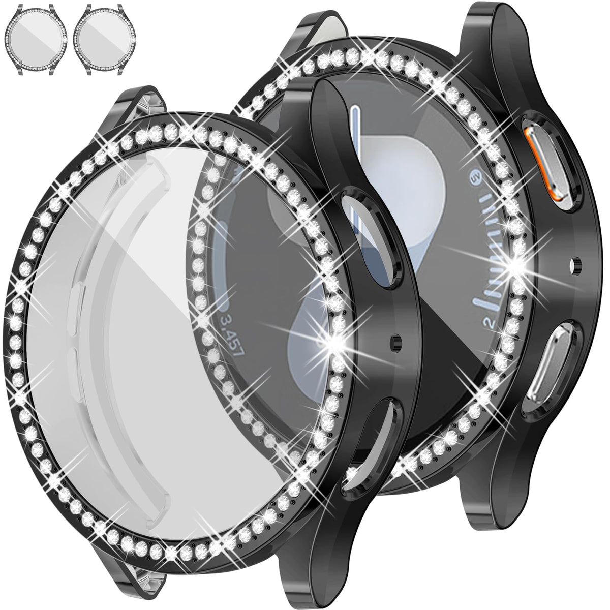 Richone [2Pack] Bling Case For Samsung Galaxy Watch 7 44Mm Screen Protector Cases, Rhinestones Glitter Black Bumper Soft Covers 