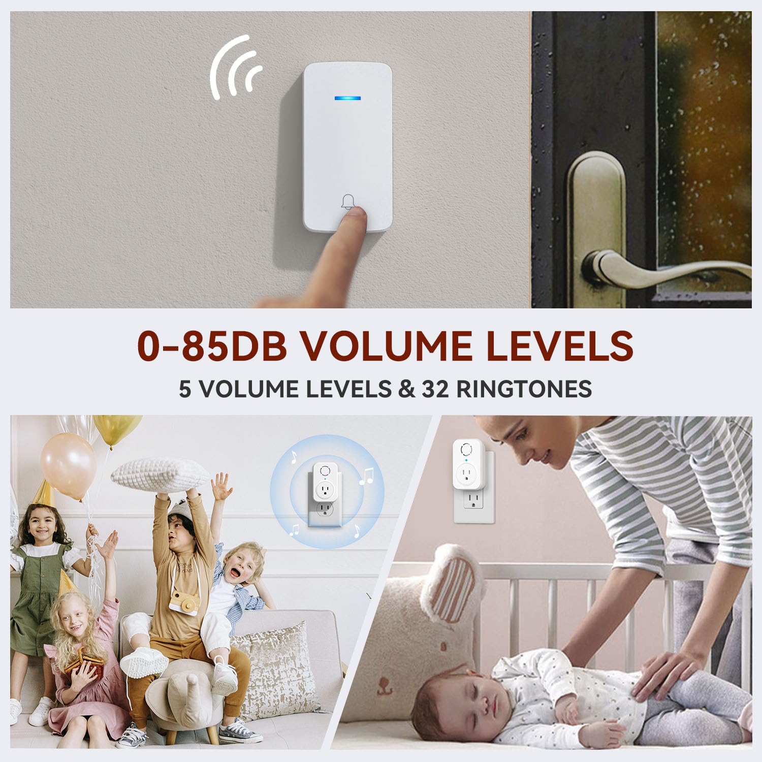 Aida Wireless Doorbell, Self Powered Doorbell With Extra Socket, No Battery Required Push Button, Cordless Door Bell Ringer, 5 V