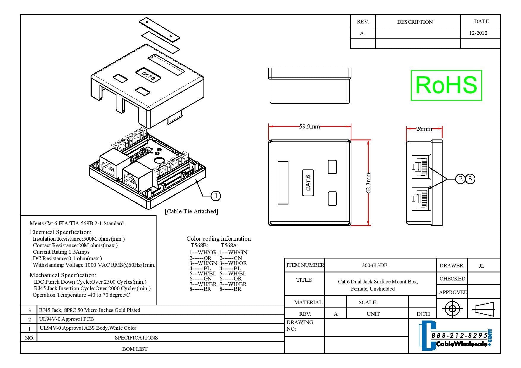 Cat6 1 Port Surface Mount Box, Rj45 Unshielded Female Port, White, Single Jack Surface Mount Box (With Cable Tie), Cablewholesal