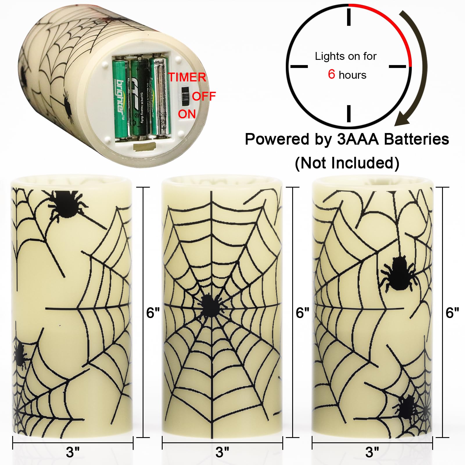 Eldnacele Halloween Flameless Candles With Timer,Battery Operated Spider Cobweb Decal Flickering Candles Real Wax Led Pillar Can