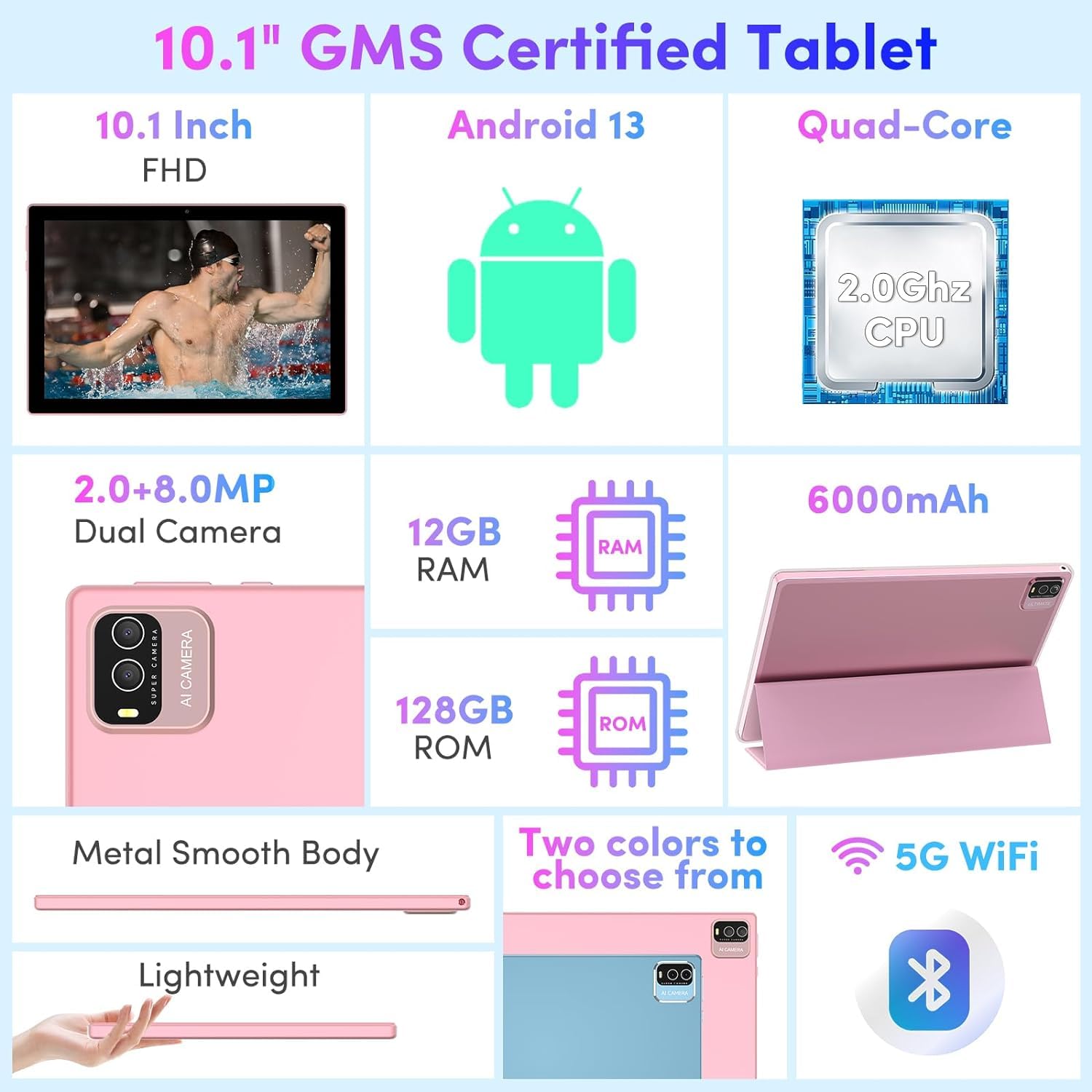 Android 13 Tablet With Keyboard, 10 Inch 2 In 1 Tablets, 12Gb Ram+128Gb Rom 2.0Ghz Cpu Tableta, 2.4G/5G Wifi6 Bt 5.0 Tablet Pc,