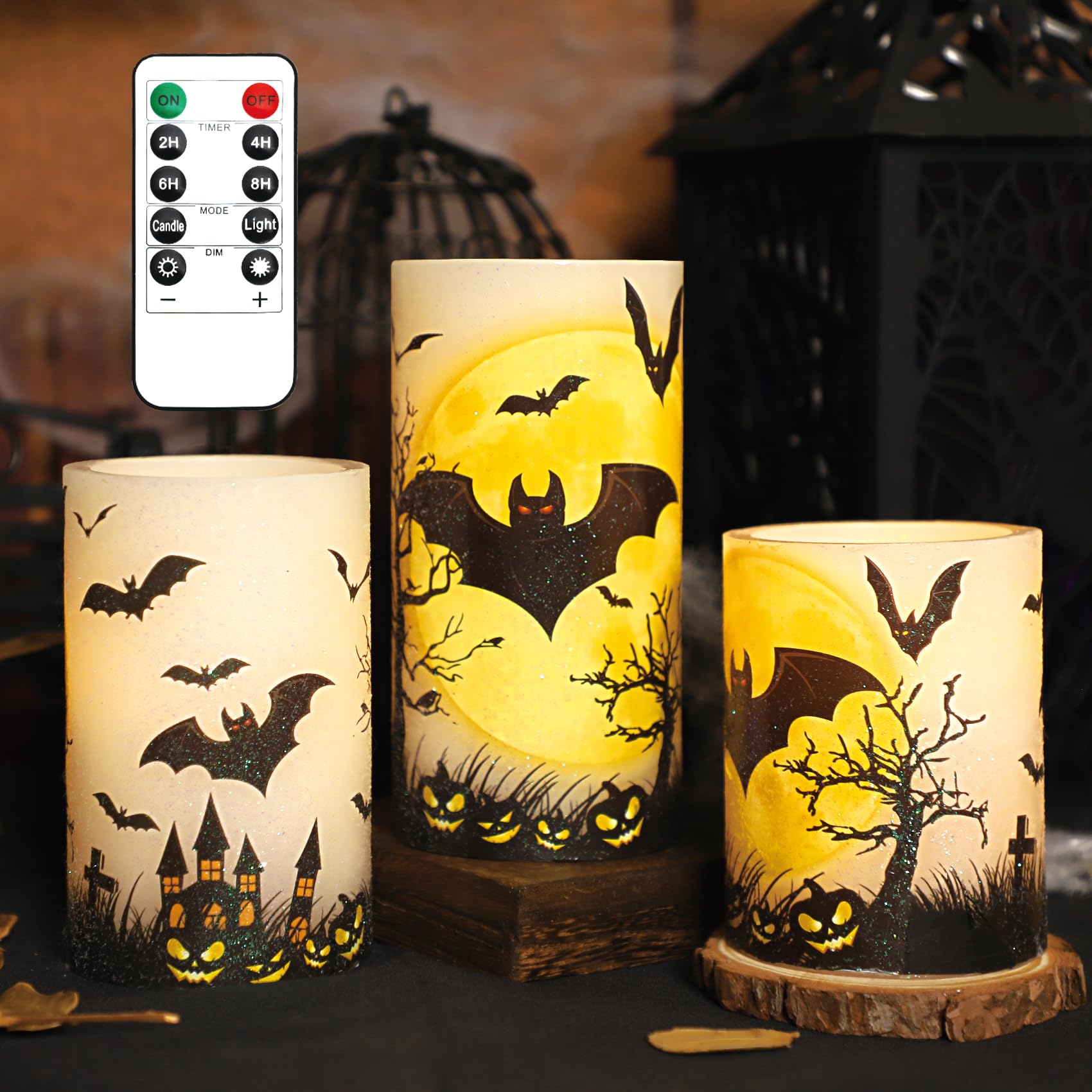 Flavcharm Halloween Decorations Led Candles With Bats Moon Big House Pumpkin Battery Operated Remote Timer Dim Glitter Design Re