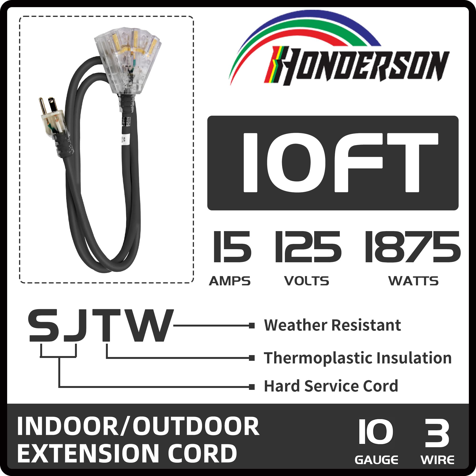 Honderson 3 Outlets Indoor Outdoor Extension Cord Weatherproof With Lighted End, Ul Listed, 10 Gauge 10Ft Black 3 Prong Heavy Du