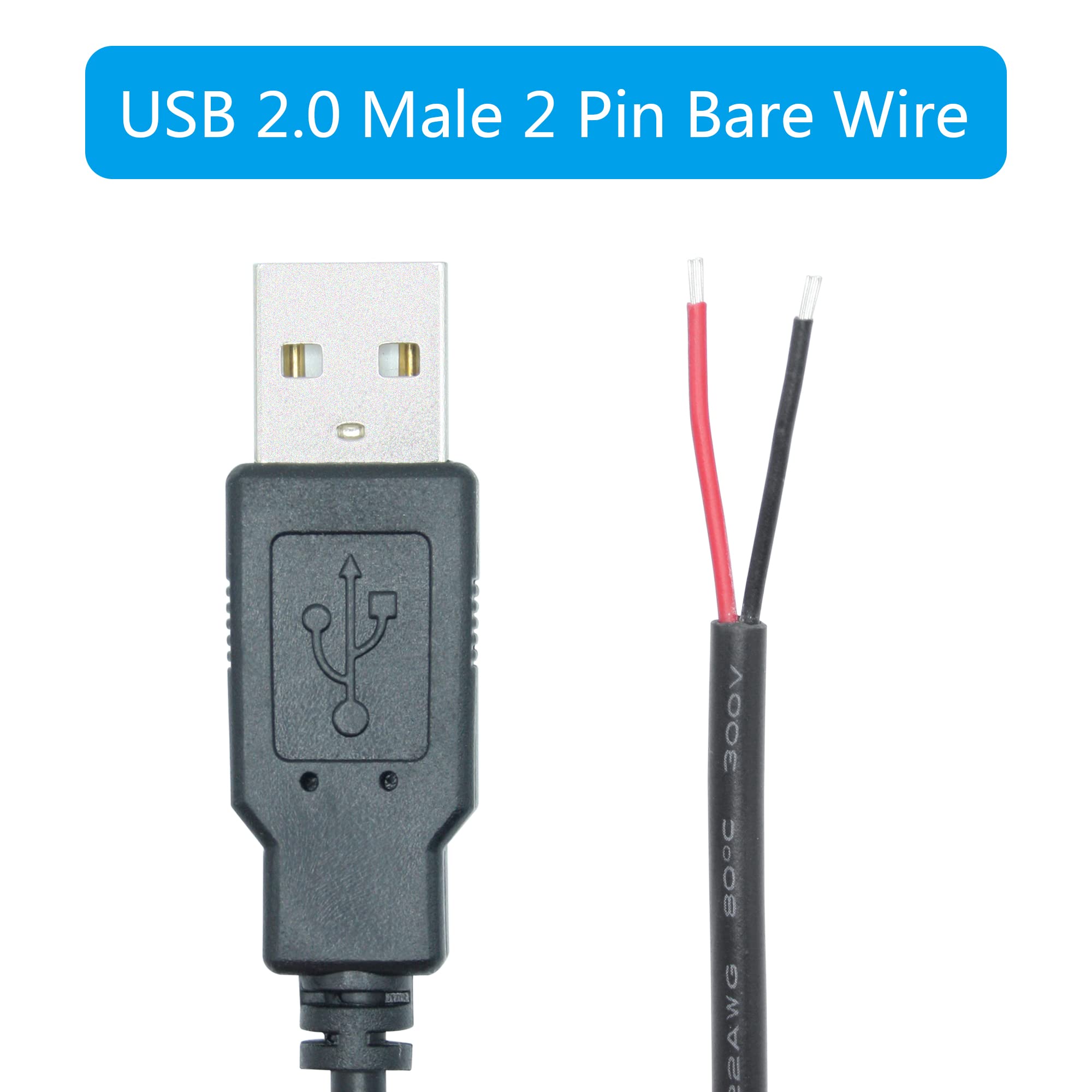 Short Usb A Male 2 Pin Bare Wire,30Cm/11.8In Usb A 12V/3A Pigtail Open End Power Cable,For And Usb Equipment Installed Or Replac