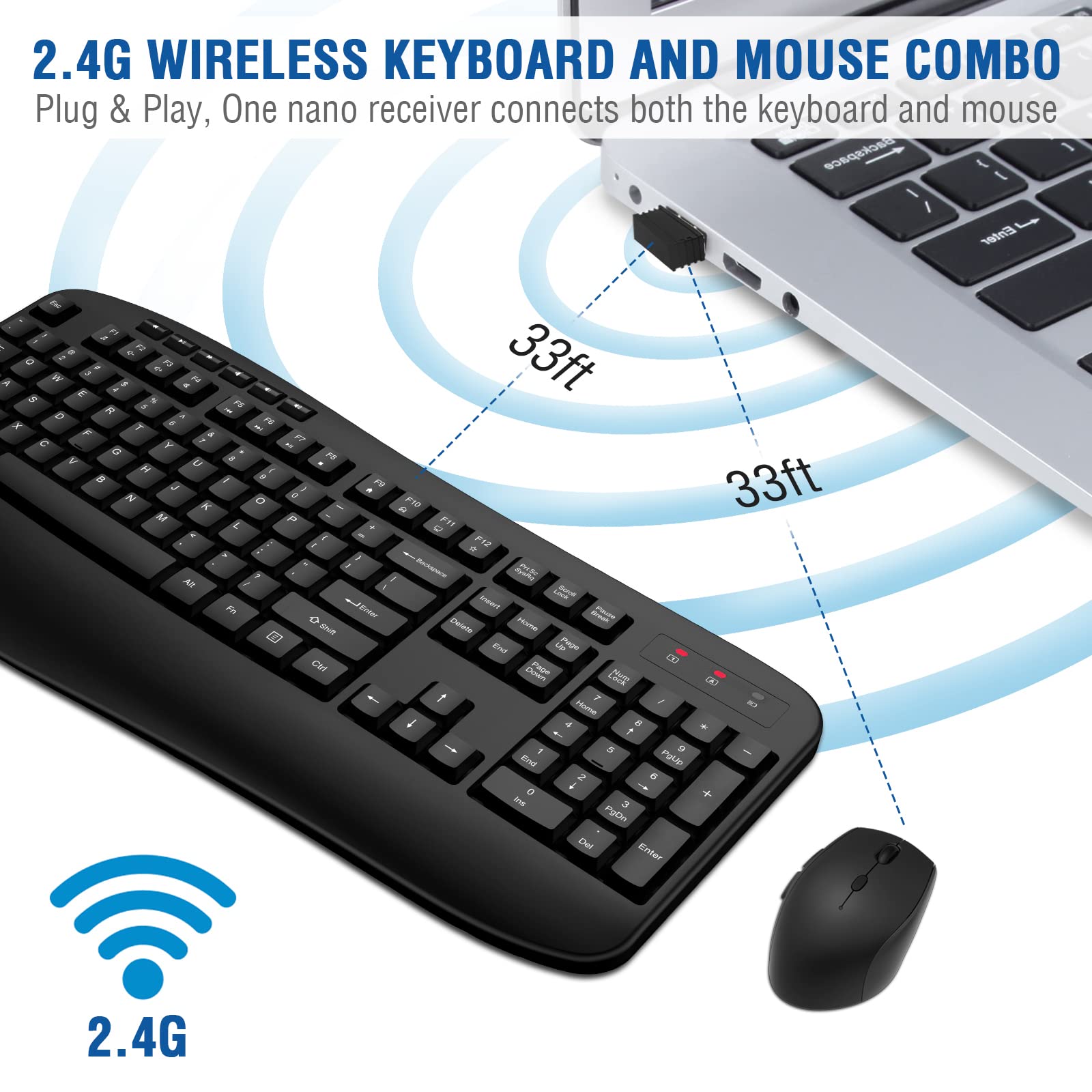 Wireless Keyboard Mouse Combo, Edjo 2.4G Full Sized Large Wireless Keyboard With Comfortable Palm Rest And Optical Wireless Mous