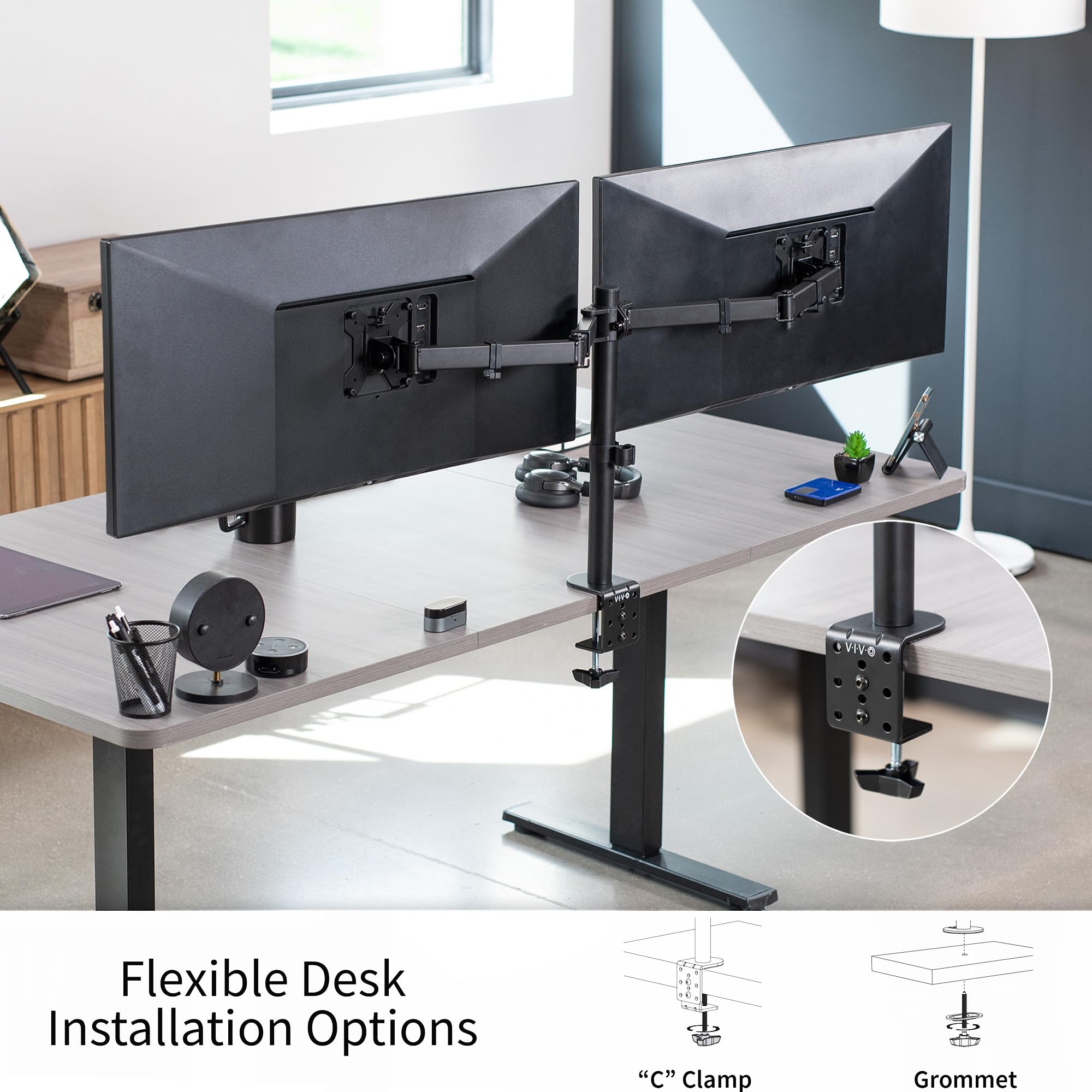 VIVO Dual Ultrawide Monitor Desk Mount, Heavy Duty Fully Adjustable Steel Stand, Holds 2 Computer Screens up to 38 inches and Max 22lbs Each, Black, STAND V038