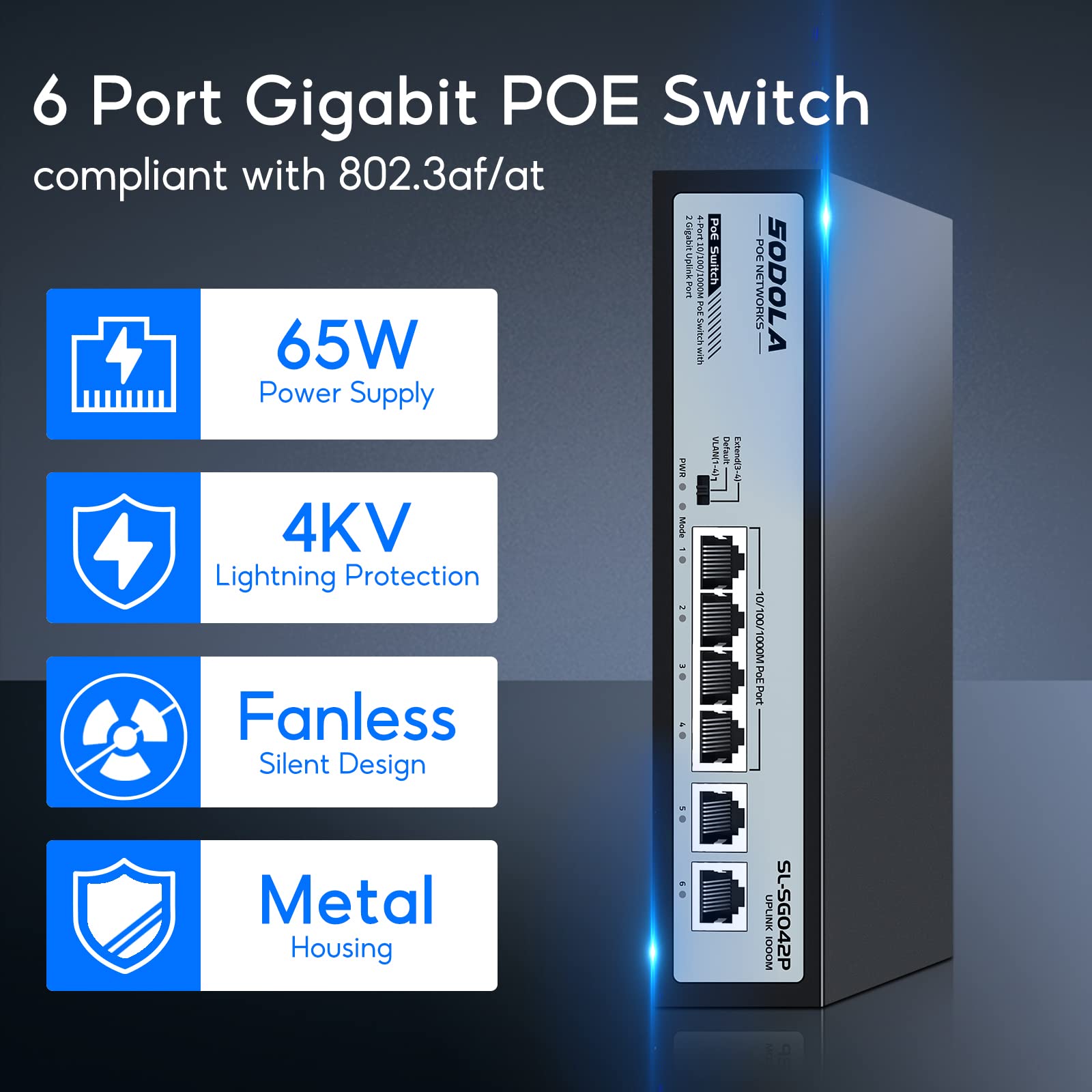 Sodola 4 Port Gigabit Poe Switch With 2 Uplinks, Ai Watchdog/Extend/Port Isolation, 802.3Af/At,Plug & Play Unmanaged Network Swi