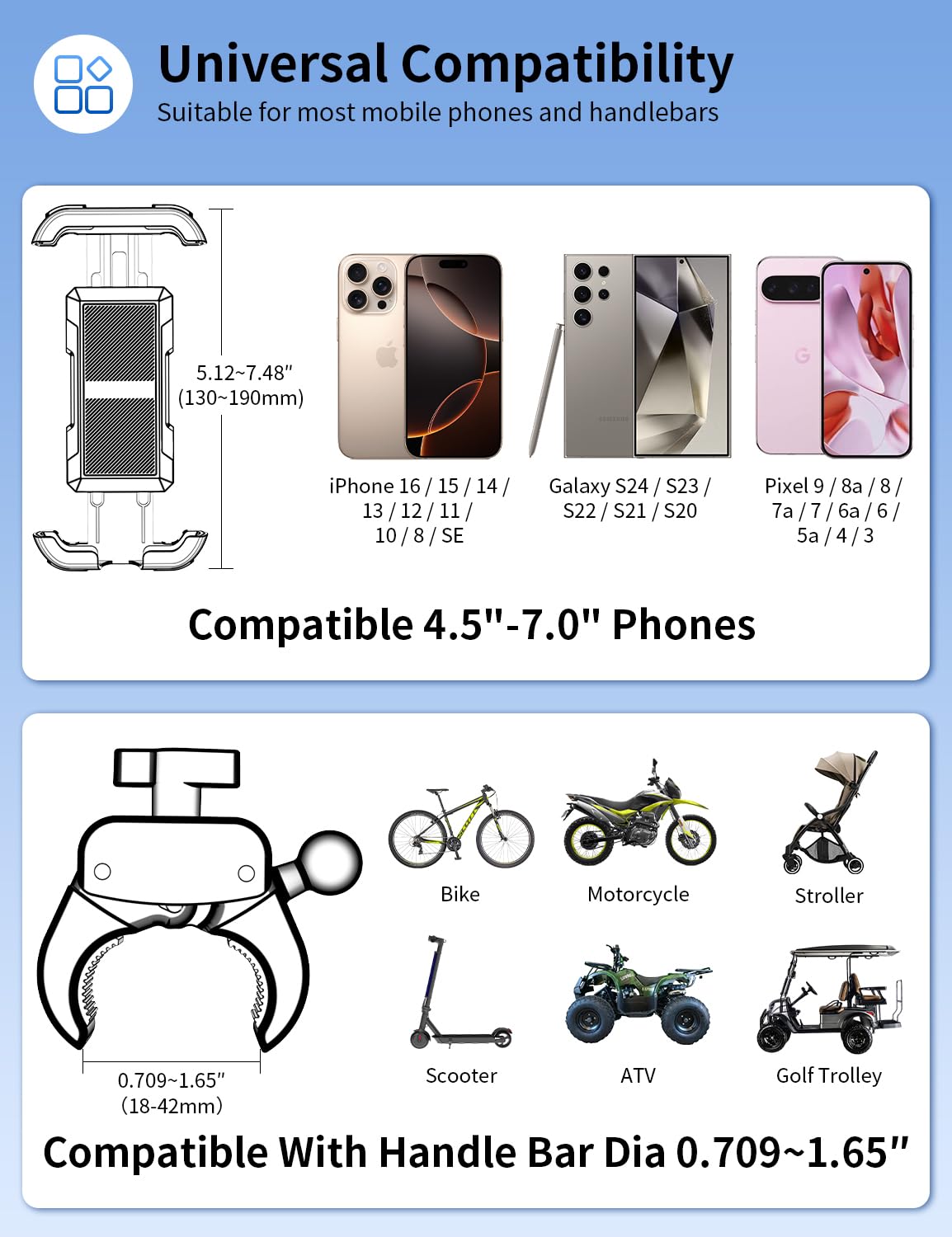 Bike Phone Holder, Motorcycle Phone Mount, [Camera Friendly] [Quick Install] [Double Locked]Clip For Scooter, 360 Rotate Cell Ph