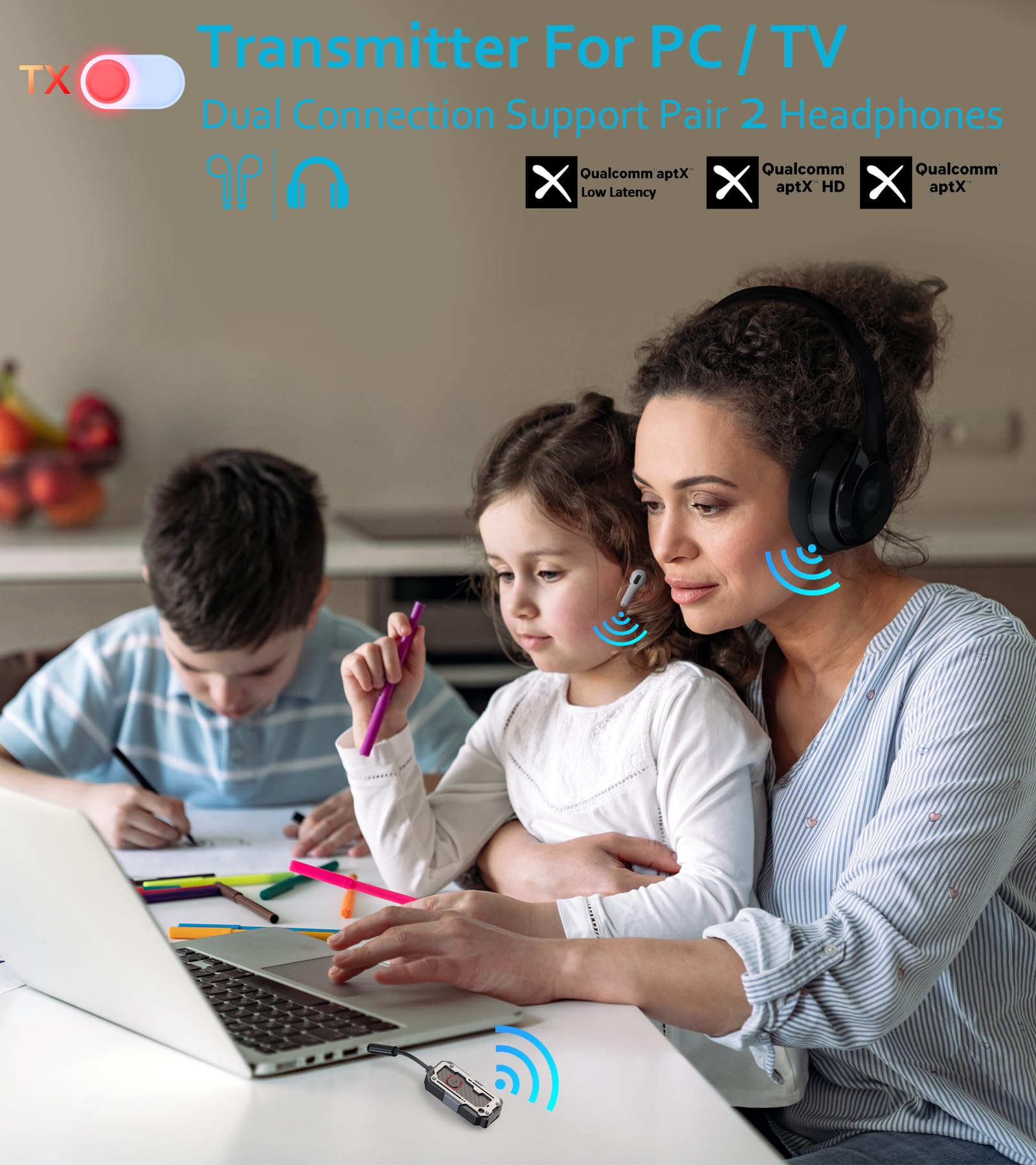 Bluetooth Transmitter Receiver Audio Adapter, Wireless Aux For 2 Headphones/Iphones, Use 3.5Mm Jack For Airplanes, Car Radio, Tvs, Pcs, Amplifiers, Home Stereos Audio Steaming, Hands Free Call