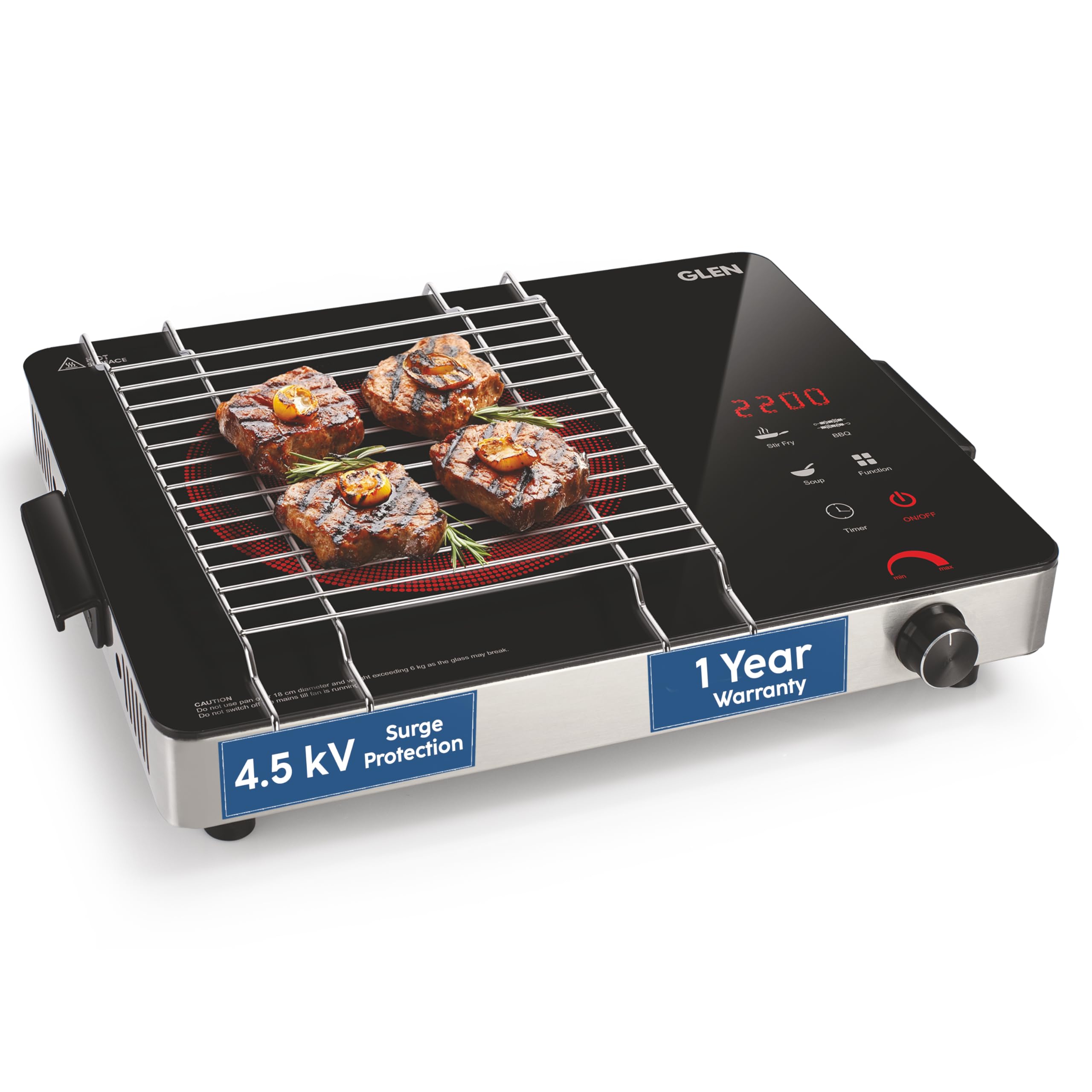 Glen 2200W Infrared Cooktop Stove With Steel Grill Rack Touch Control, Polished Crystal Glass Plate, Digital Display 3 Modes, 4.