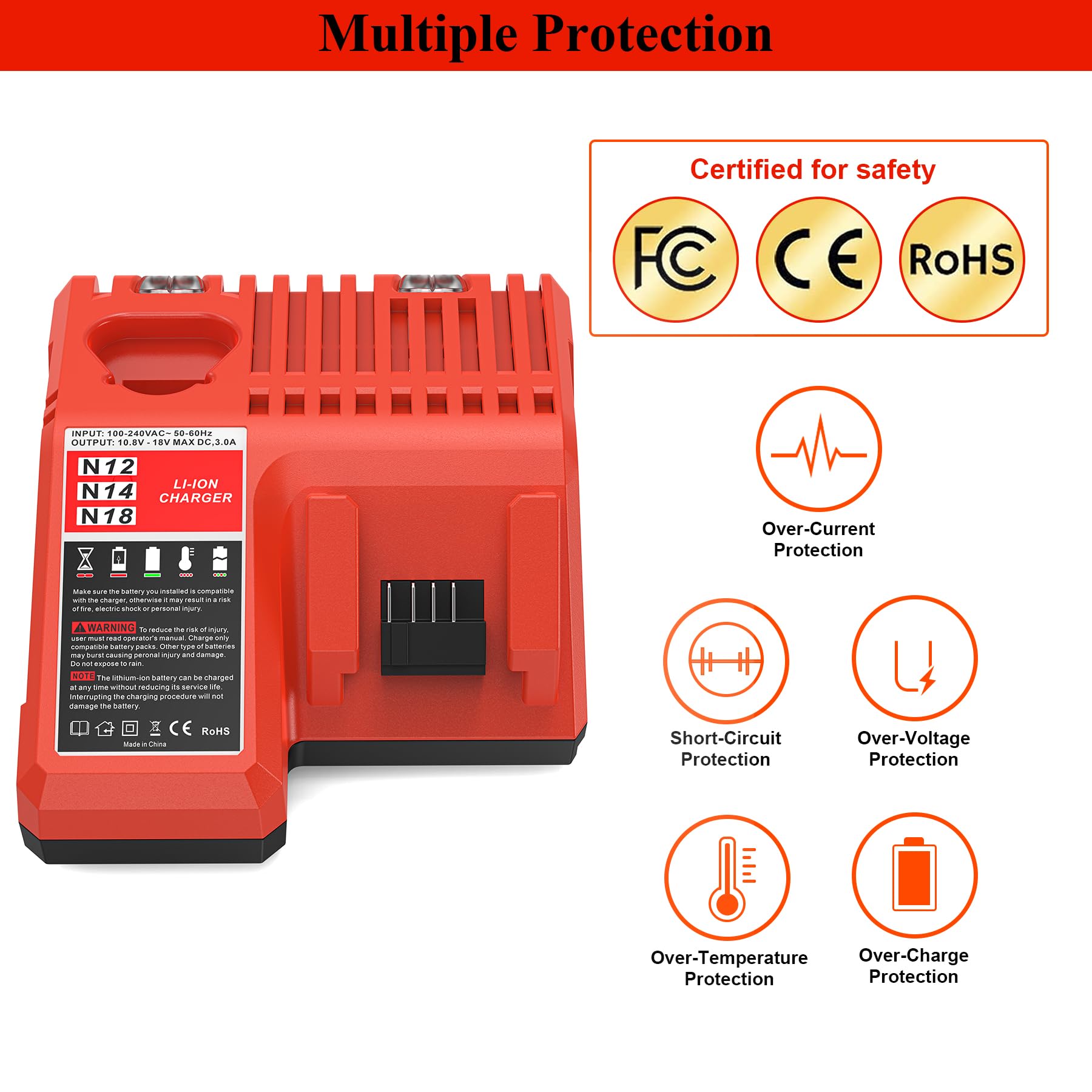 Replacement M12 &M18 Li Ion Battery Charger For Milwaukee 12V 18V M12 M14 M18 Lithium Battery 48 11 2420 48 11 2440 48 11 1820 4