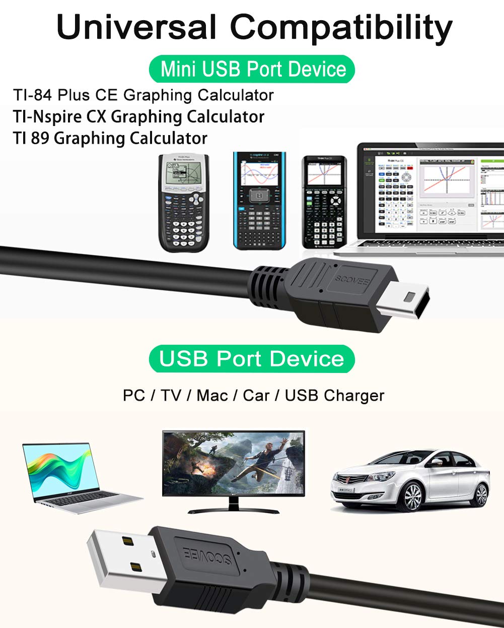 Usb Charger Cord For Ti 84 Plus Ce Graphing Calculator,Ti 89,Ti Nspire Cx/Cx Cas,Ti84 Plus Ce Charger Color/C Silver Edition,Charging Power Data Cable For Texas Instruments Calculator Replacement 3Ft