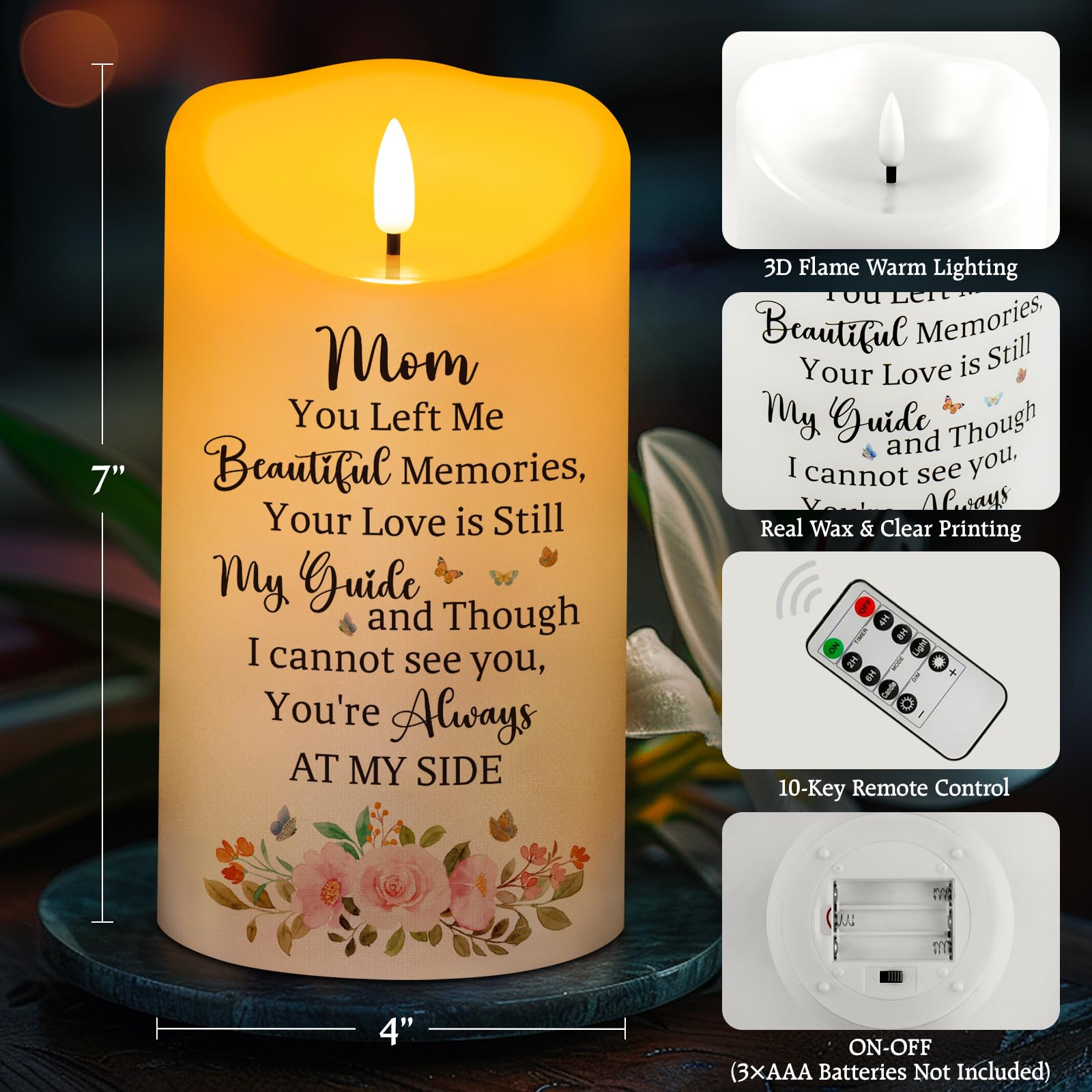 Hn Haiinaa Memorial Candle, Real Wax Led Light With Remote Control, Sympathy Gift For Loss Of Loved One Or Mother, 4'' X 7''