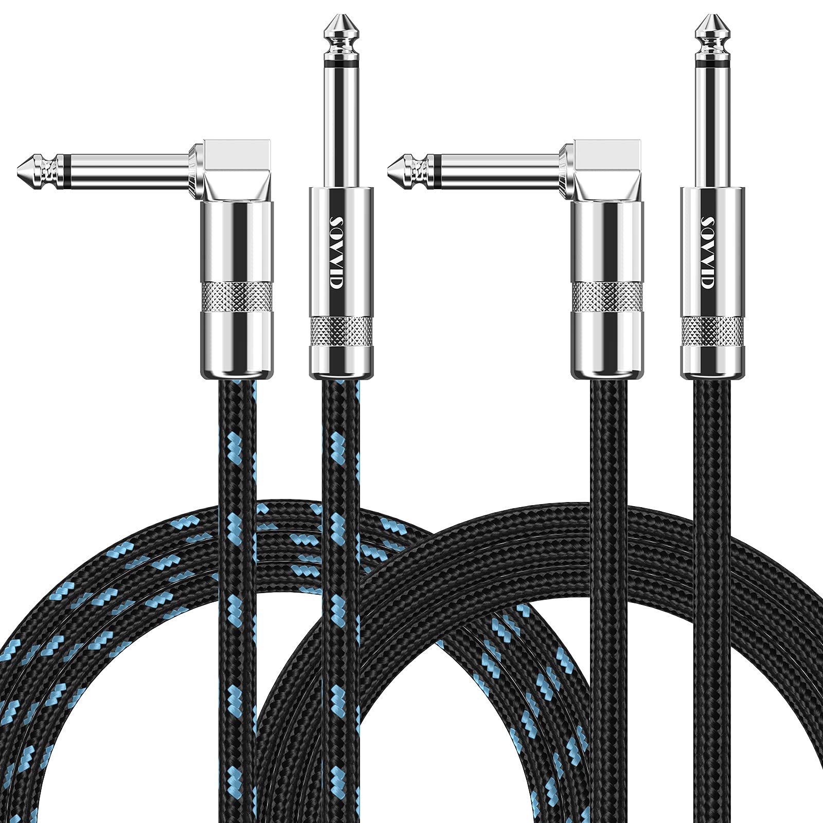 Sovvid Guitar Cable 10Ft 2 Pack Instrument Cable Guitar Cord Electric Guitar Cable Guitar Amp Cord For Bass Guitar Keyboard 1/4 Inch Cable Right Angle Black And Black Blue