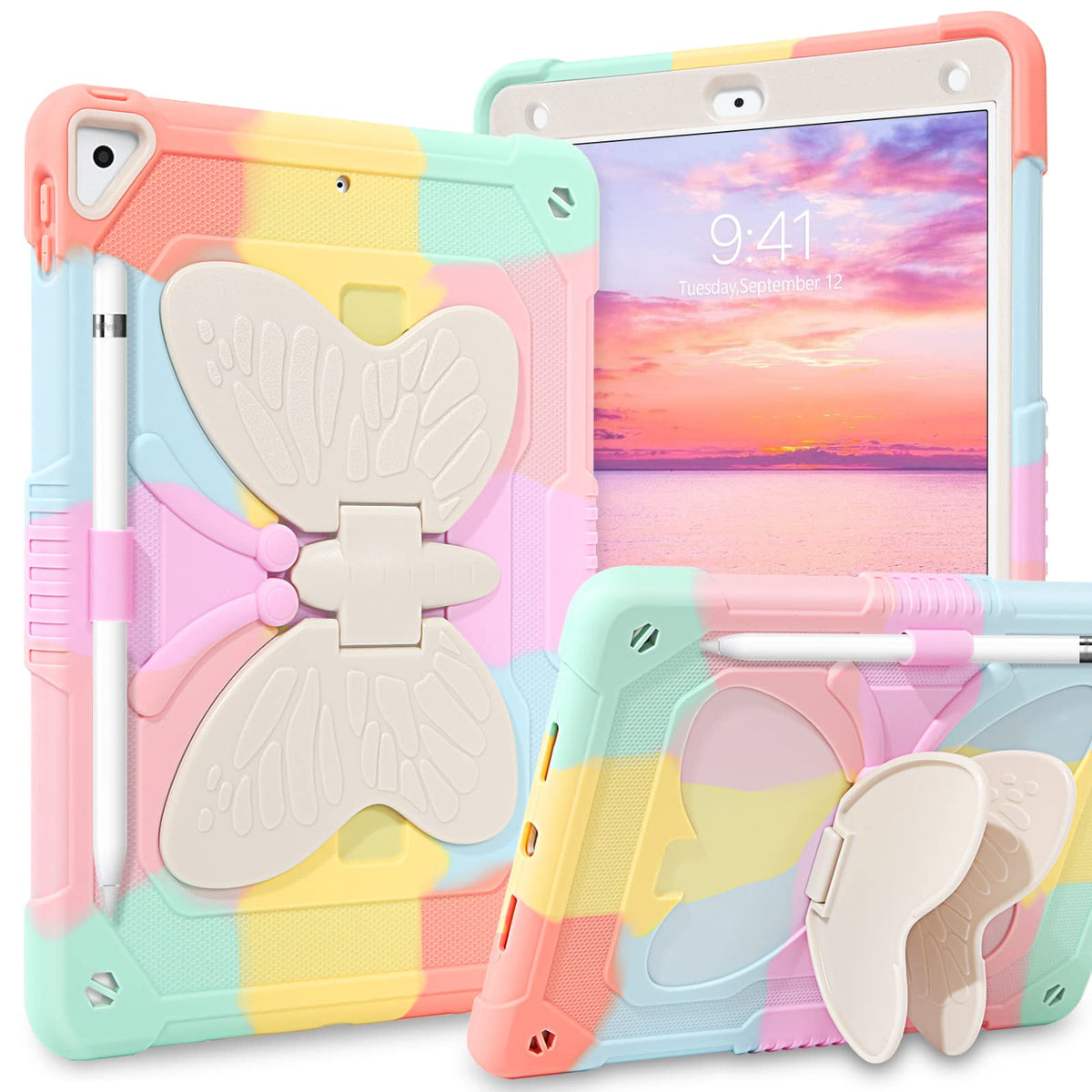 Duedue For Ipad Air 2 Case For Kids, Ipad 6Th/5Th Generation Case 2017/2018, Butterfly Wings Kickstand With Pencil Holder Heavy 