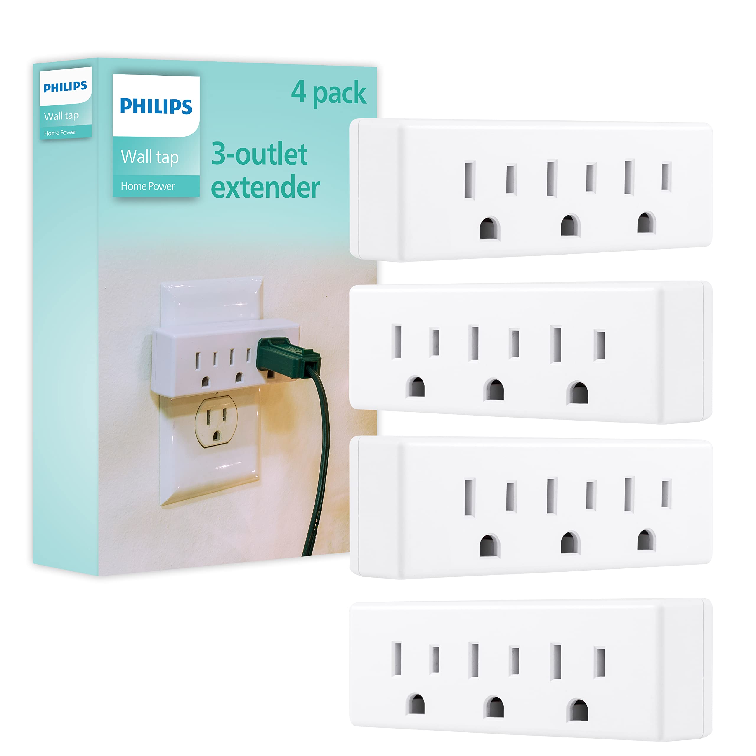 Philips 3 Outlet Extender, 4 Pack, Grounded Wall Tap, 3 Prong Adapter, Multiple Plug, Power Splitter, Cruise Essentials, Use For
