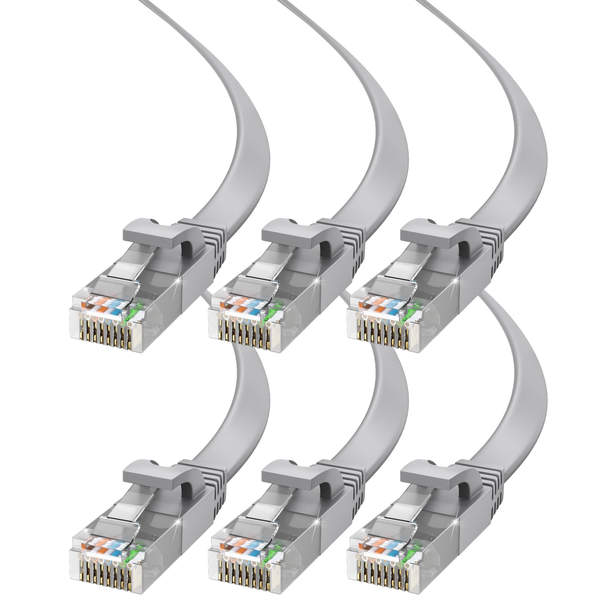 Maximm Cat6 Ethernet Cable 100ft, 6-Pack Gray - Flat High-Speed Network Cables for Gaming, Streaming, Router, Modem, PC, PS5, Xb