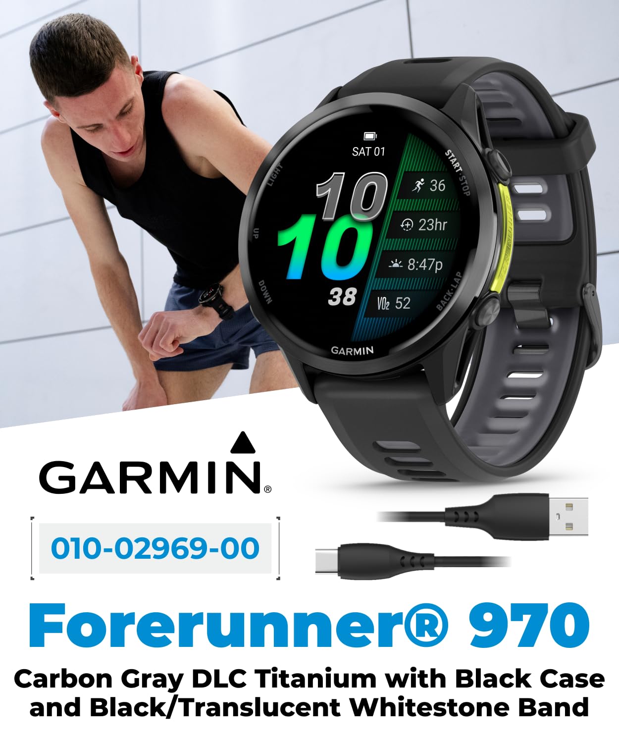 Wearable4U Garmin Forerunner 970 Carbon Gray Dlc Titanium Smartwatch With Black Case And Black/Translucent Whitestone Band, Amol