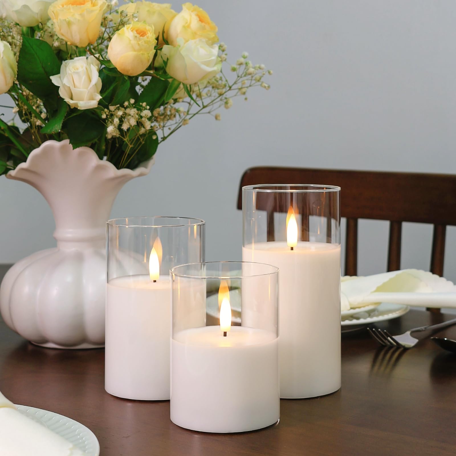 Credtarnos Battery Operated Candles, Clear Glass Flickering Flameless Candles With Remote And Timer,3D Wick White Real Wax Led C
