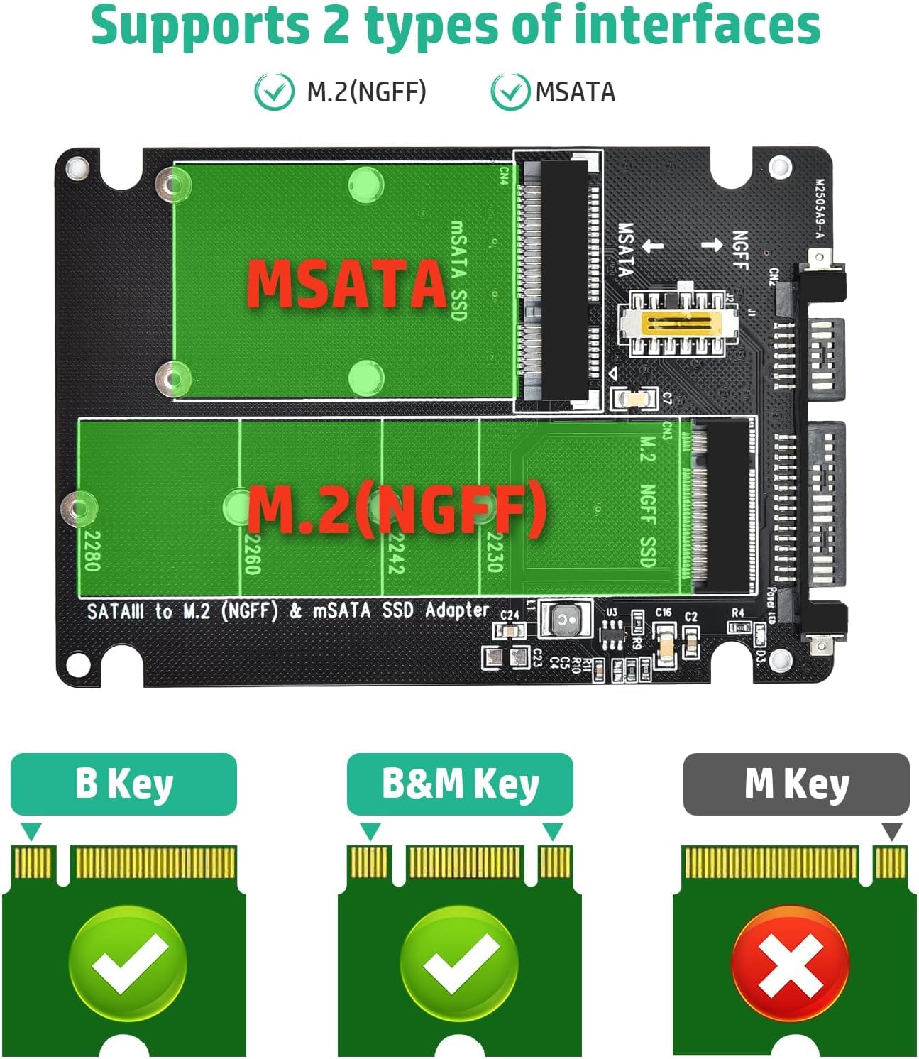 Eluteng M.2 Sata To Sata Adapter (Not Support Nvme/M.2 Pcie) Msata And B Key/B&M Key M.2 Ngff Sdd To 2.5'' Sata Iii 2 In 1 Conve