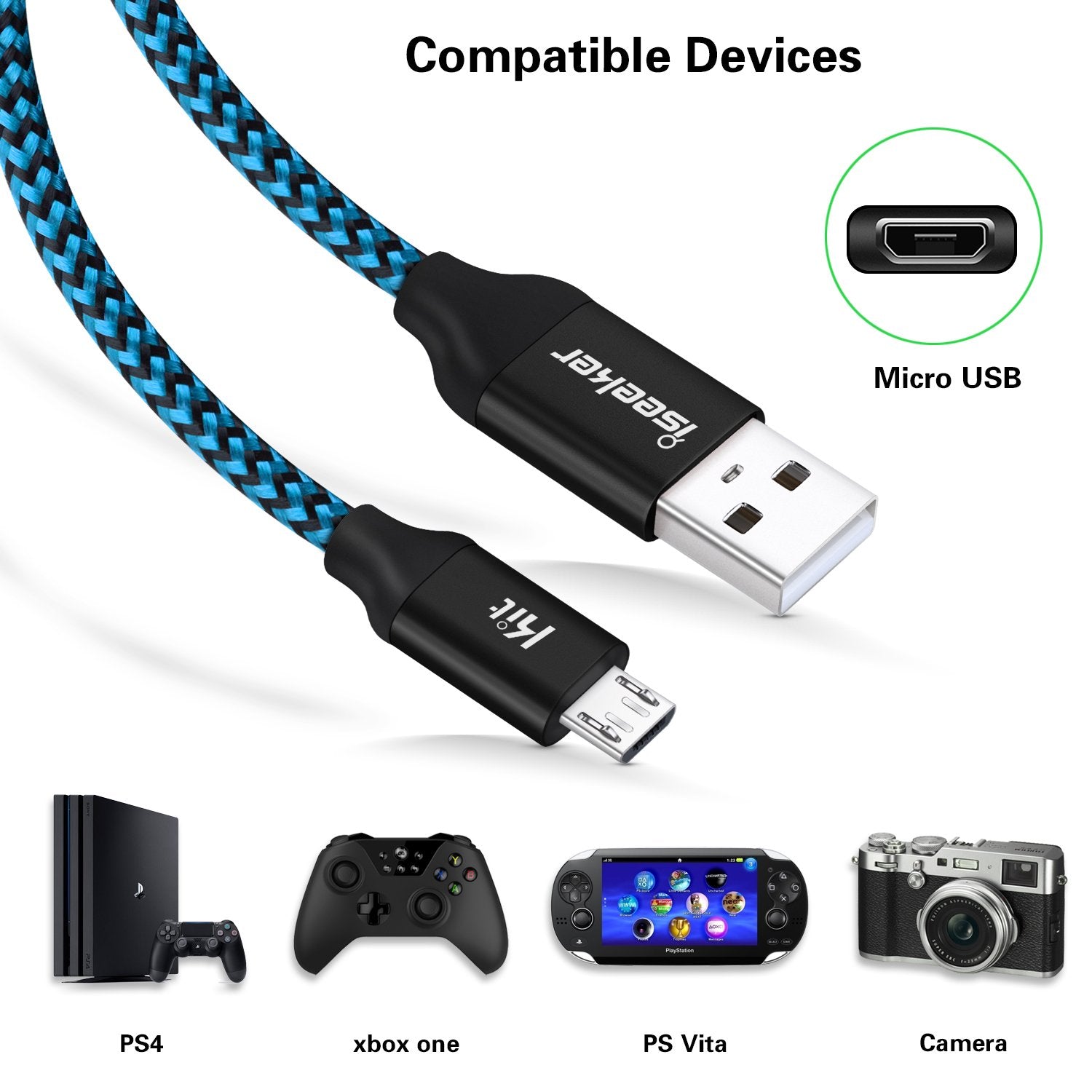 Micro Usb Charger Cable, [15 Ft] Durable Extra Long Usb 2.0 Charge Cord Compatible For Android/Windows/Smartphones/Samsung/Htc/Motorola/Nokia/Lg/Tablet And More(Blue)