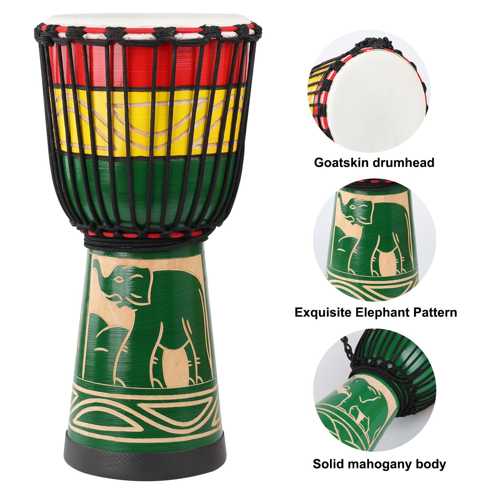 Lieke Djembe Drum African Drum 10'' X 20'' Goatskin Hand Drum Carved Of Mahogany For Adults Student Beginners (Green)